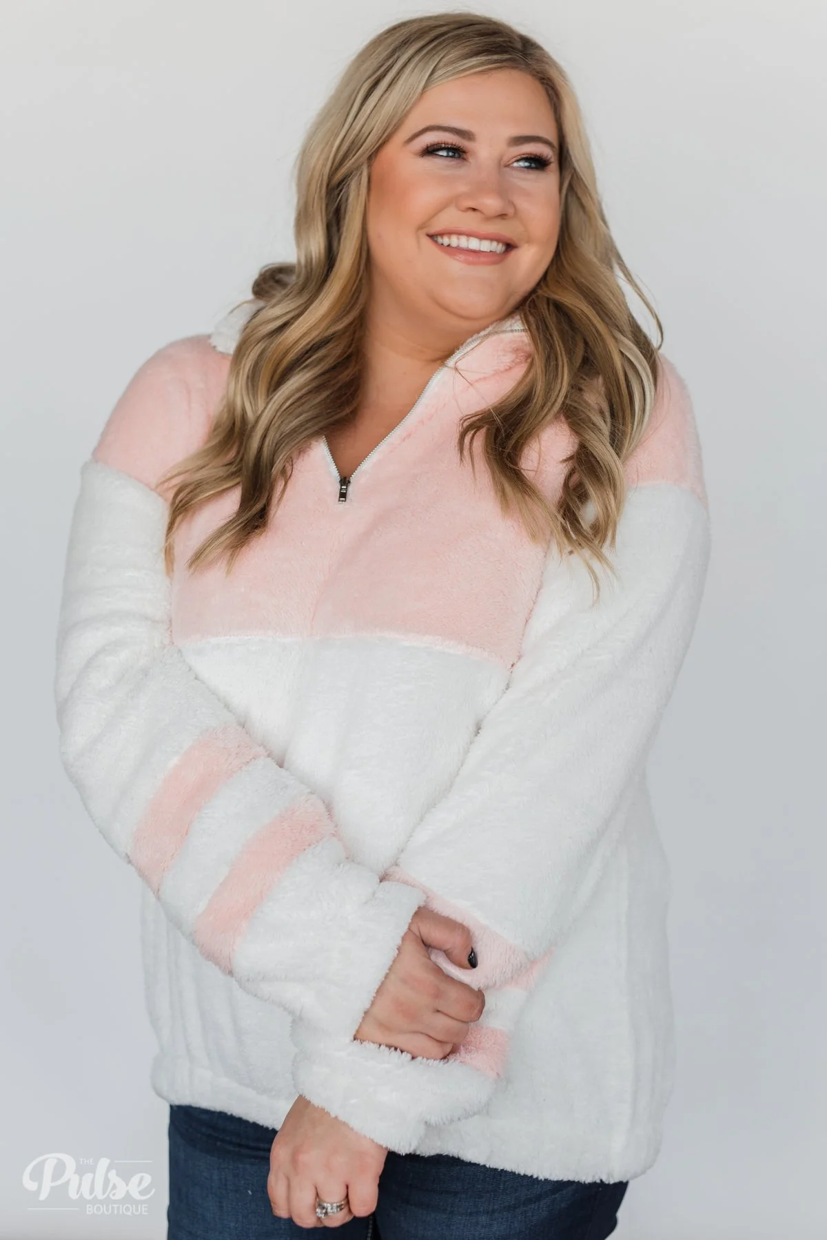Embrace Cozy Quarter Zip Pullover- White & Blush - Image 13