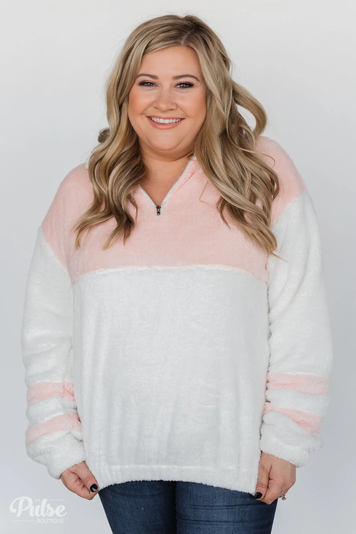 Embrace Cozy Quarter Zip Pullover- White & Blush - Image 14