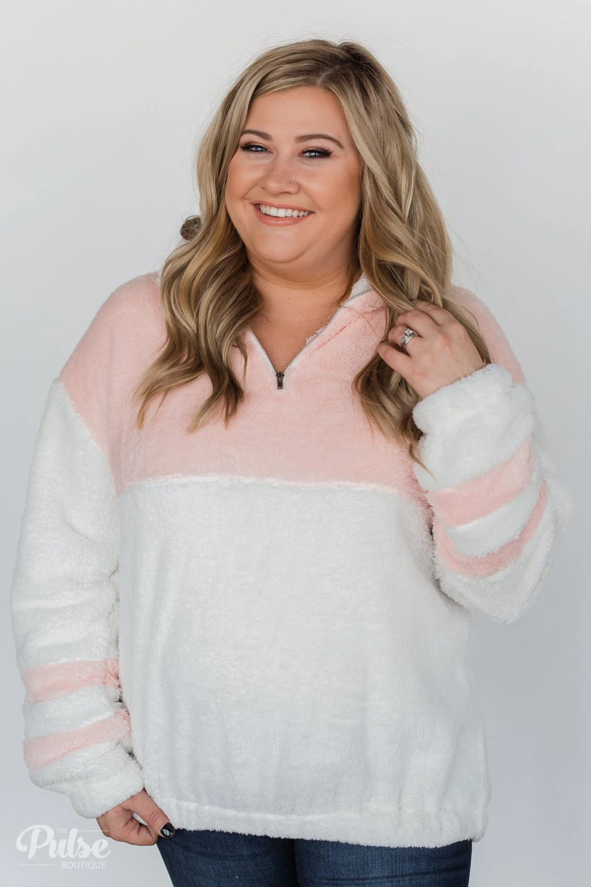 Embrace Cozy Quarter Zip Pullover- White & Blush - Image 2