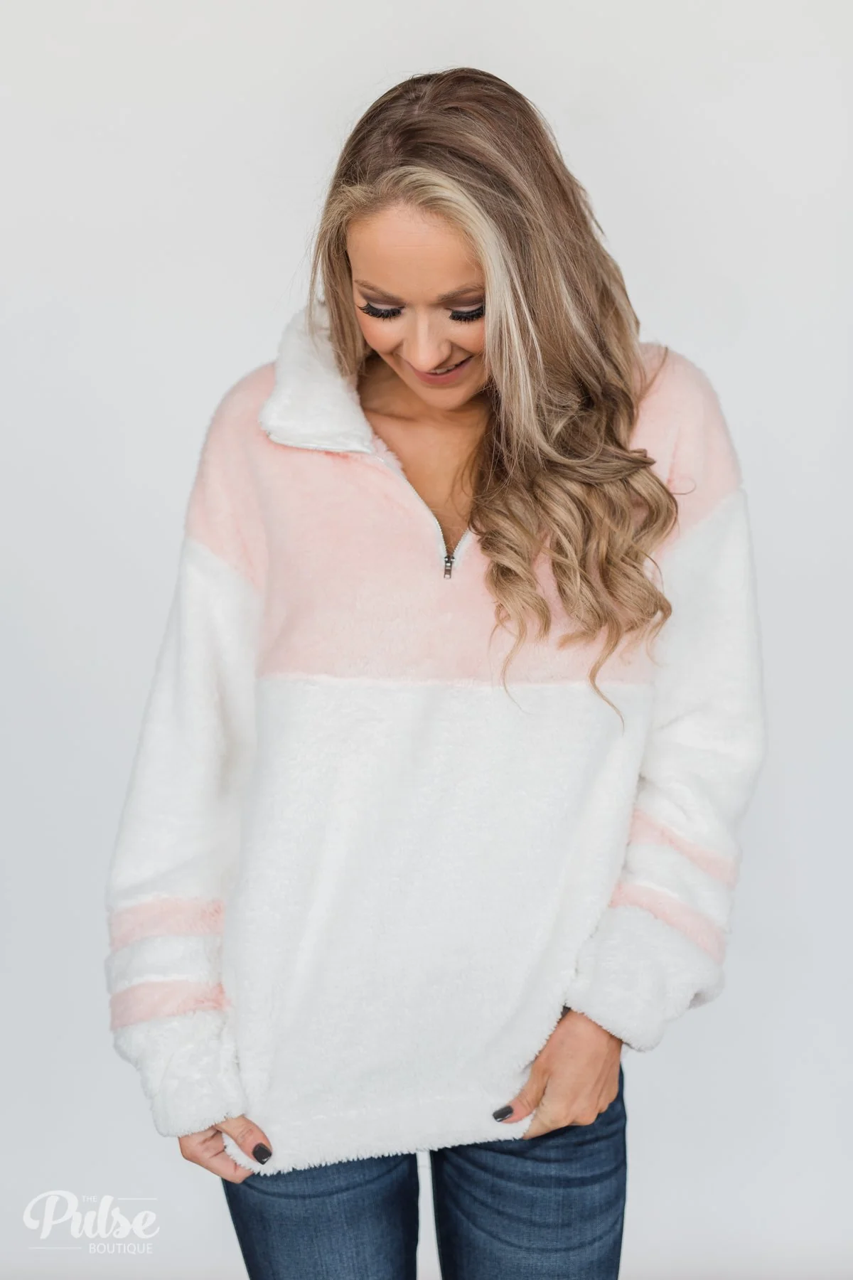 Embrace Cozy Quarter Zip Pullover- White & Blush - Image 7