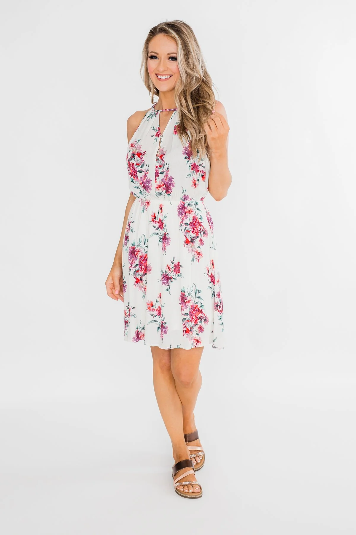 Embraced in Floral Halter Dress- Ivory - Image 3