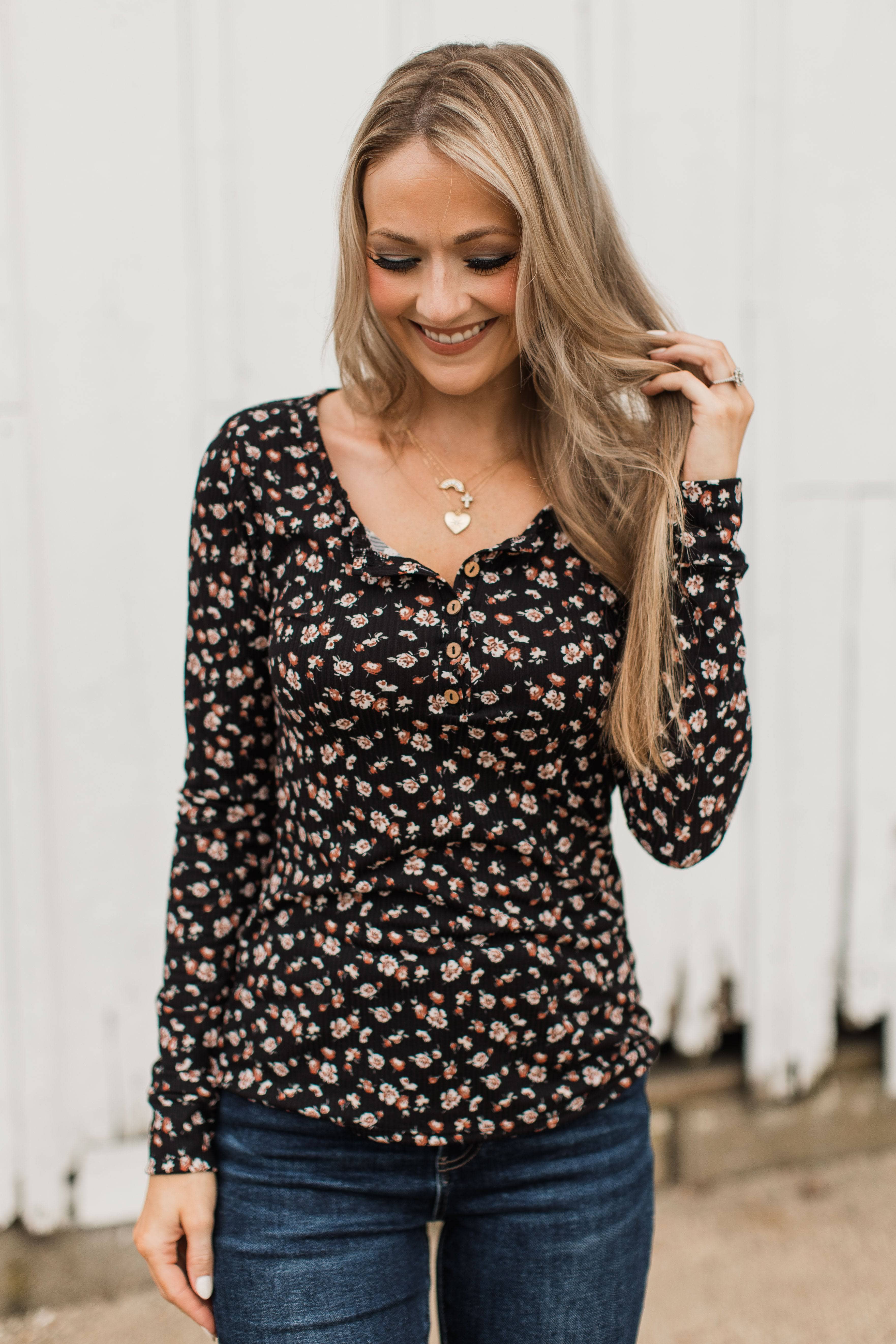 Enchanted Evenings Floral Henley Top- Black & Clay - Image 2