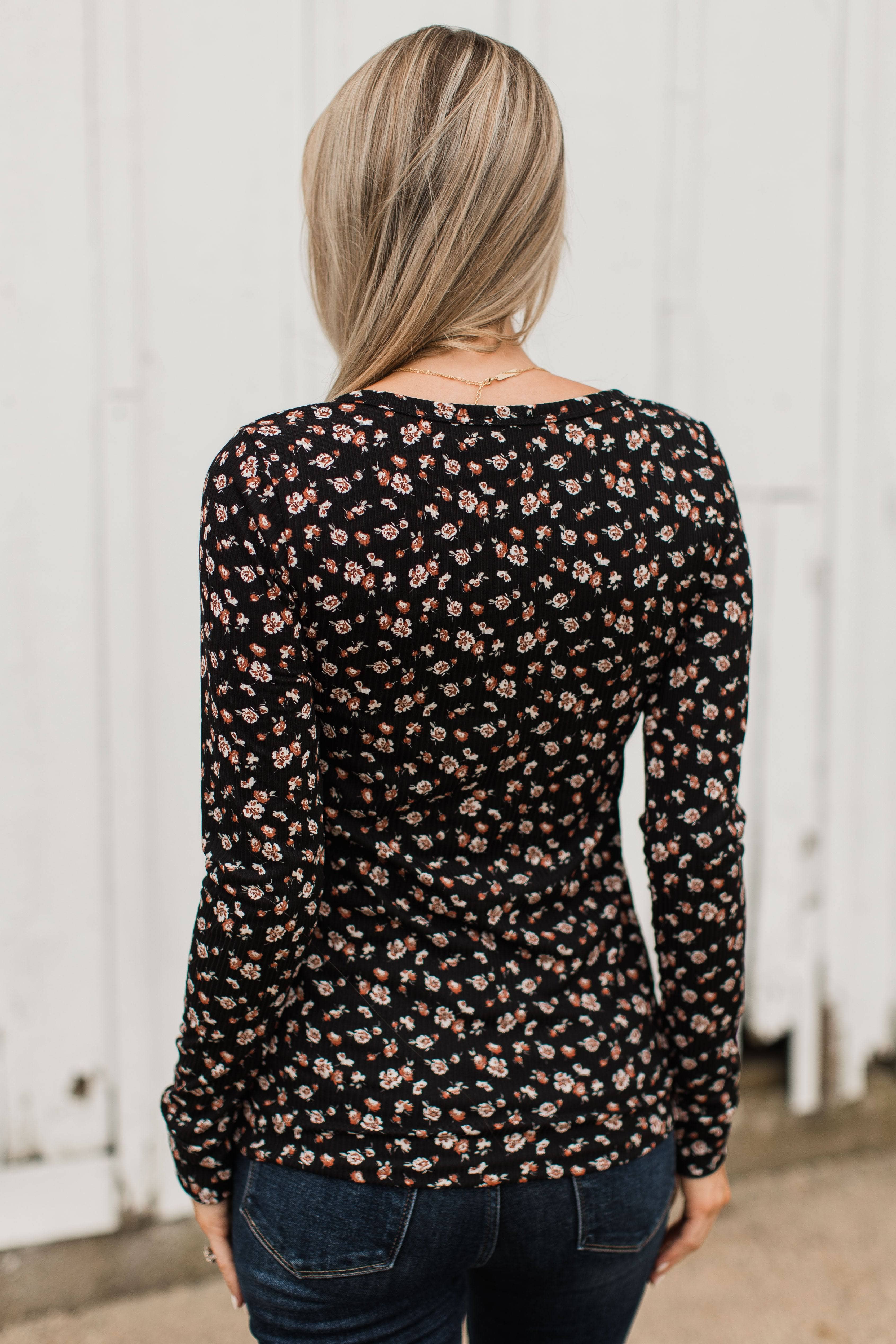 Enchanted Evenings Floral Henley Top- Black & Clay - Image 8