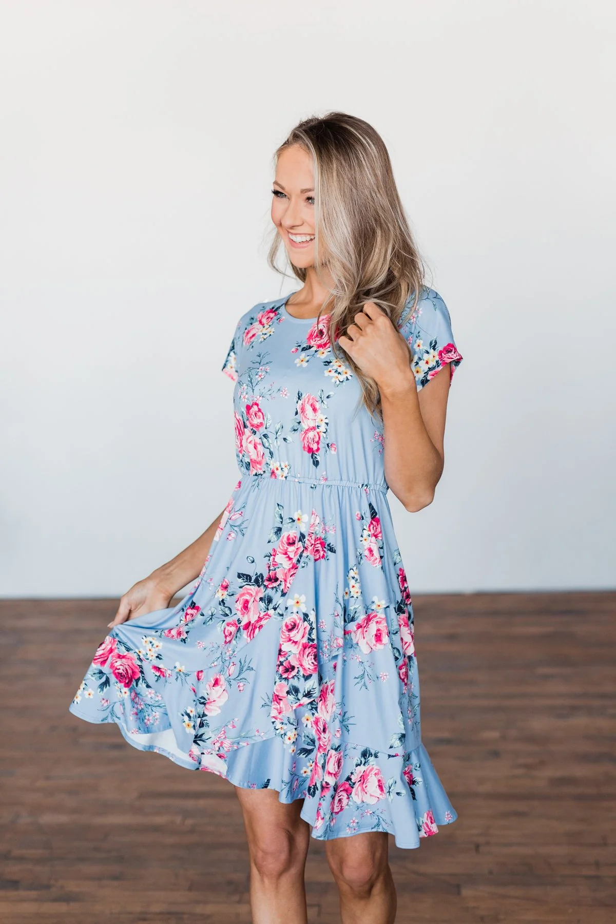 Enchanted Gardens Floral & Ruffle Dress- Baby Blue - Image 5
