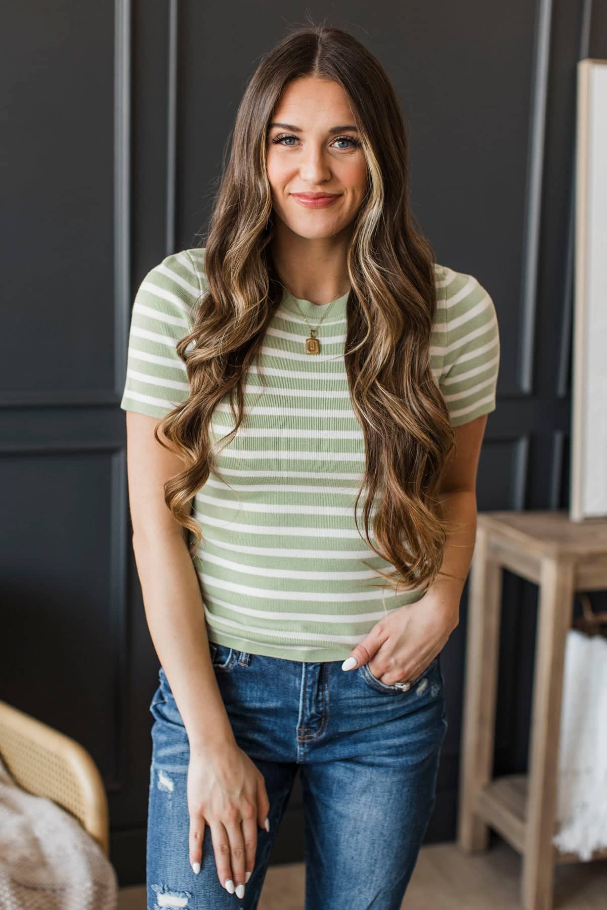 Enchanting Dreams Short Sleeve Striped Knit Top- Soft Green - Image 2