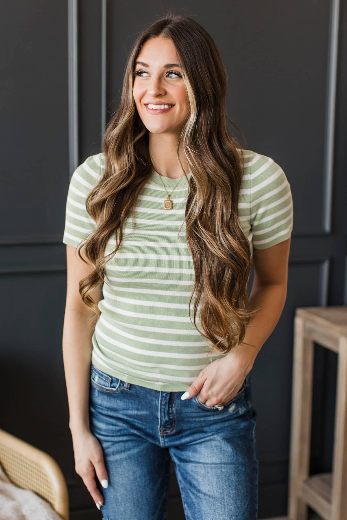 Enchanting Dreams Short Sleeve Striped Knit Top- Soft Green - Image 3
