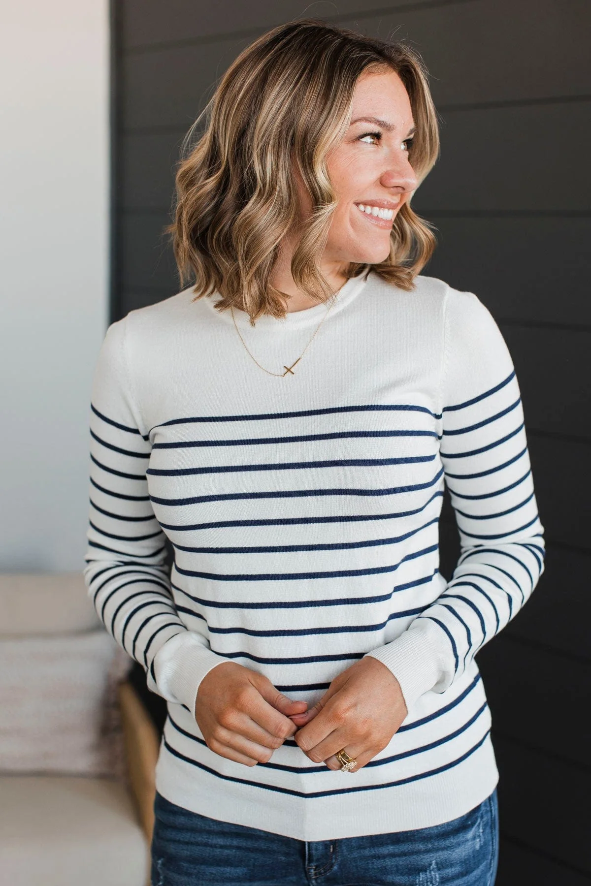 Enchanting Gazes Striped Sweater- Ivory & Navy - Image 4