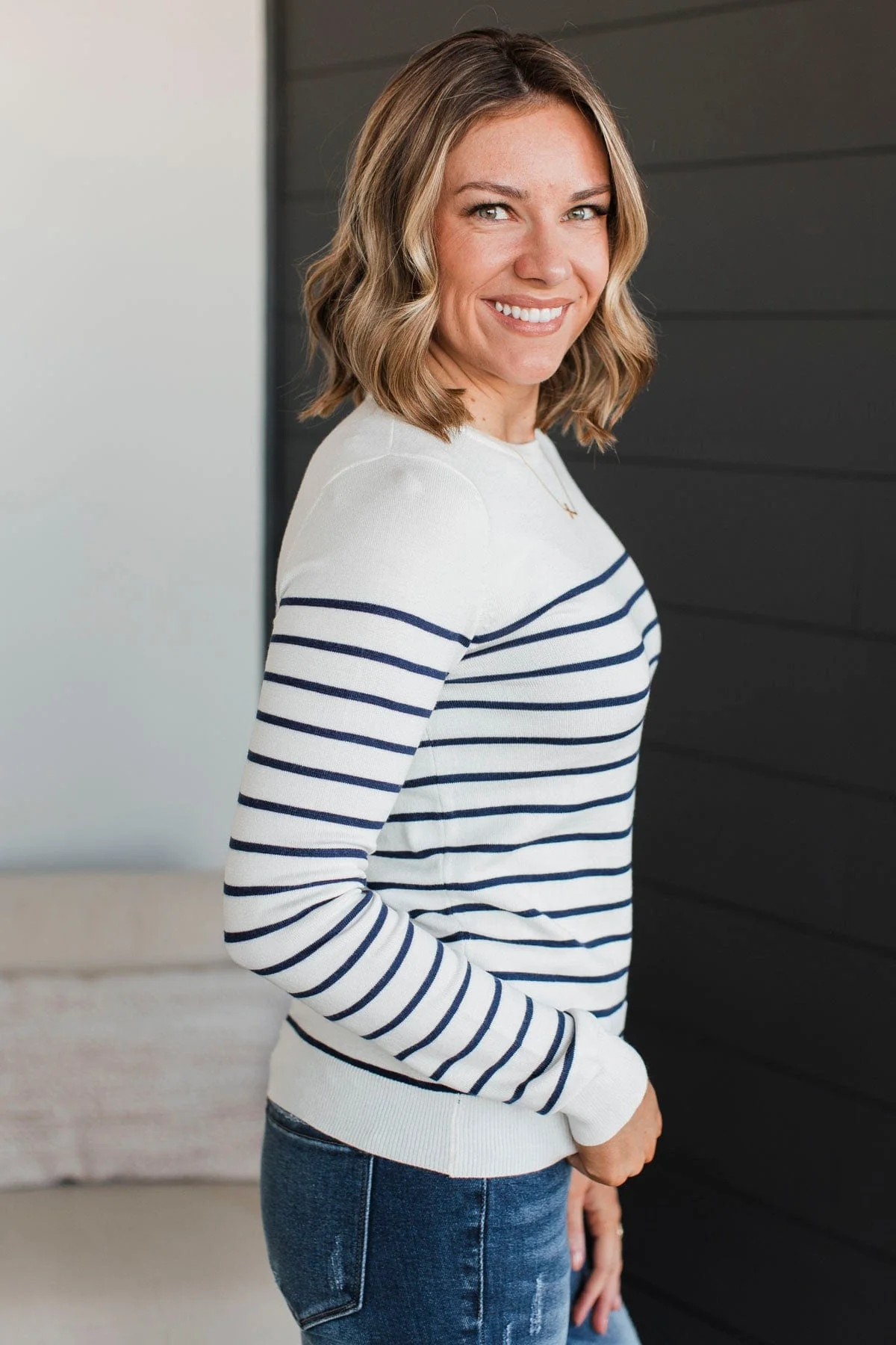 Enchanting Gazes Striped Sweater- Ivory & Navy - Image 6