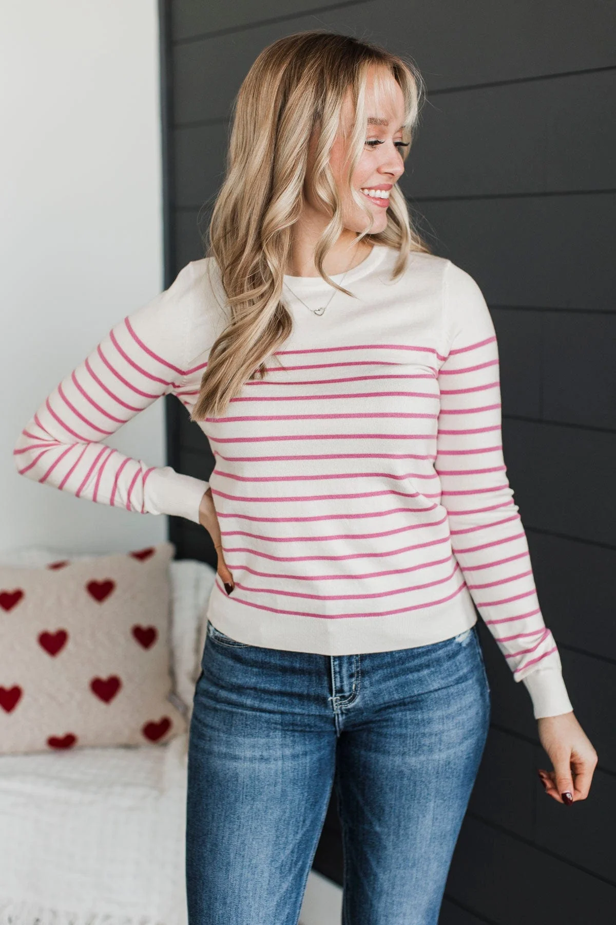 Enchanting Gazes Striped Sweater- Ivory & Pink - Image 3
