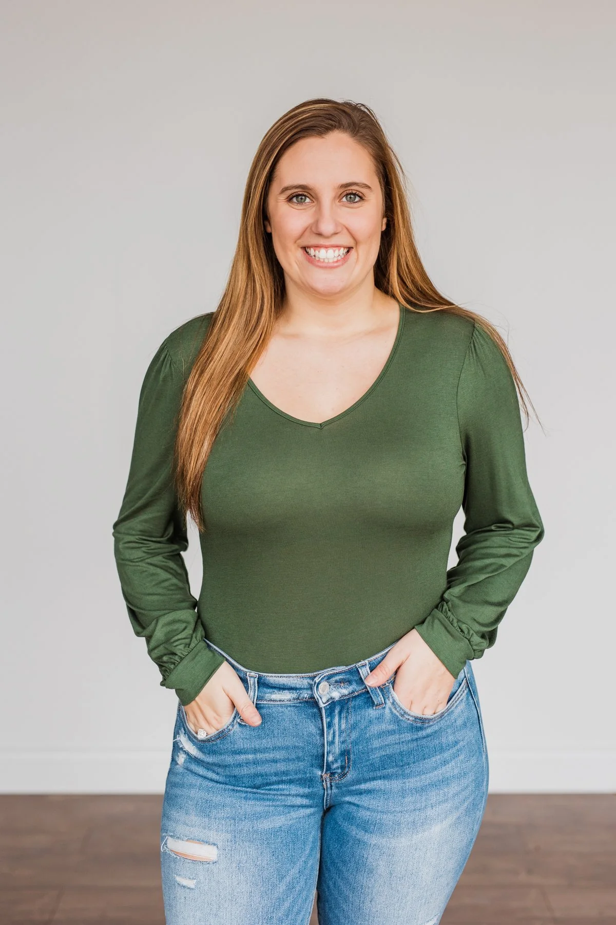 Enchanting Looks Long Sleeve Bodysuit- Olive - Image 2