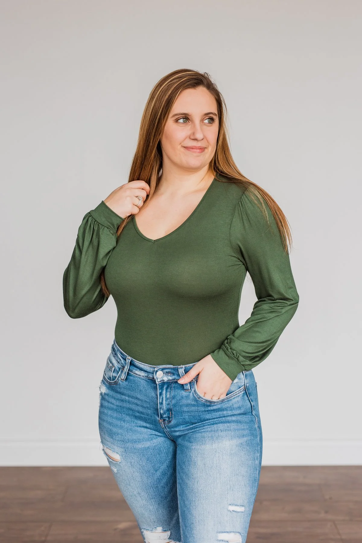Enchanting Looks Long Sleeve Bodysuit- Olive - Image 8