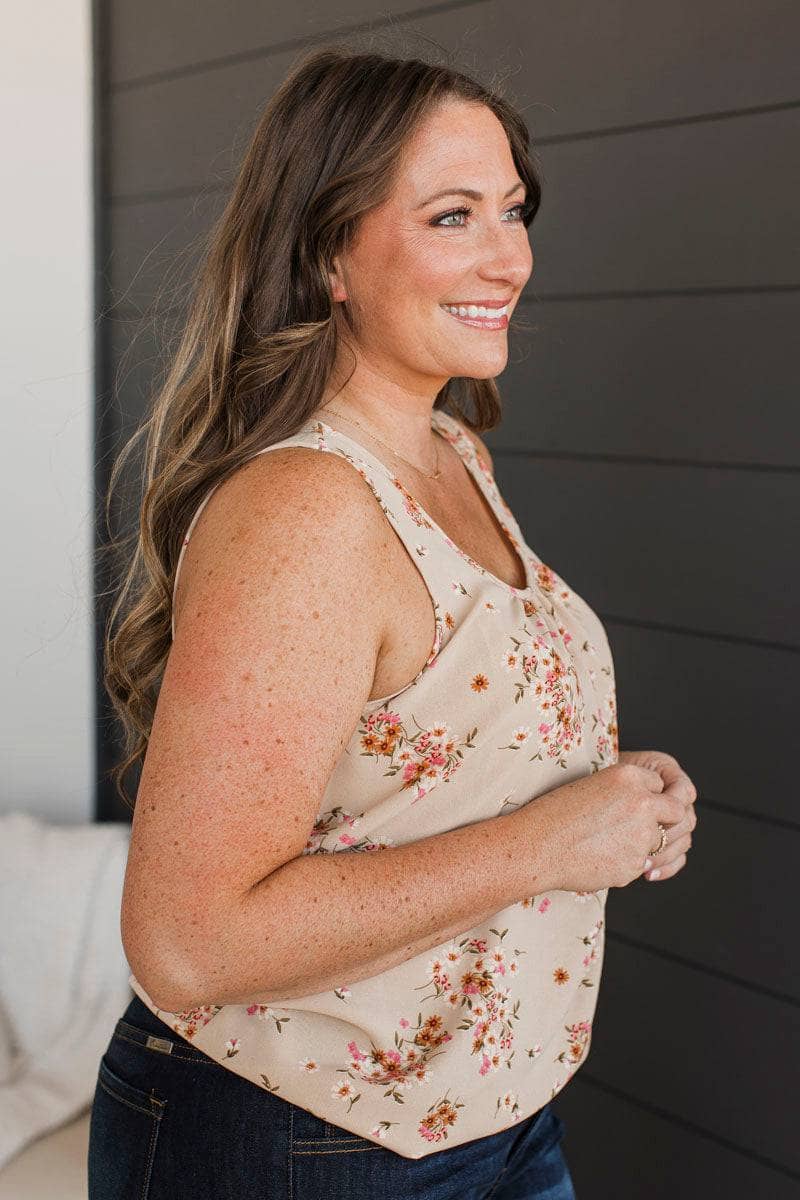 Enchanting Memories Floral Tank Top- Light Taupe - Image 4