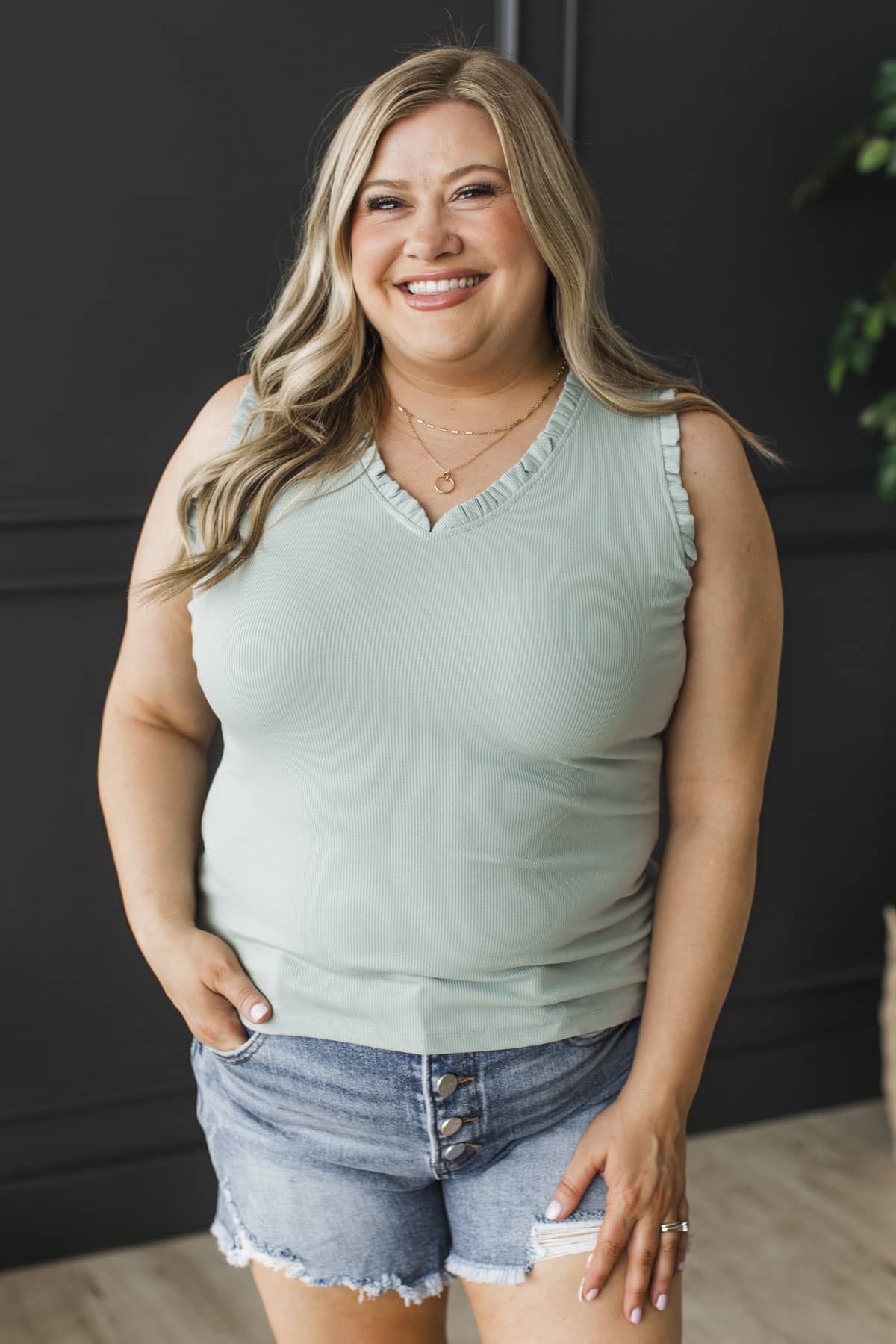 Endless Affection V-Neck Ruffle Tank Top- Sage - Image 2