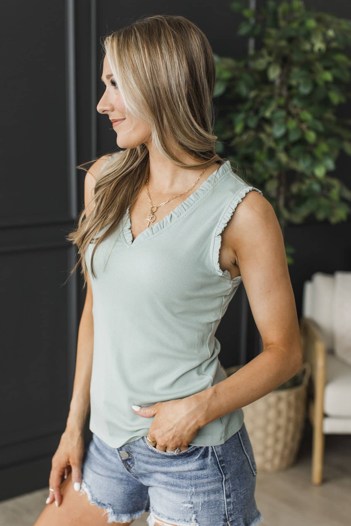 Endless Affection V-Neck Ruffle Tank Top- Sage - Image 5