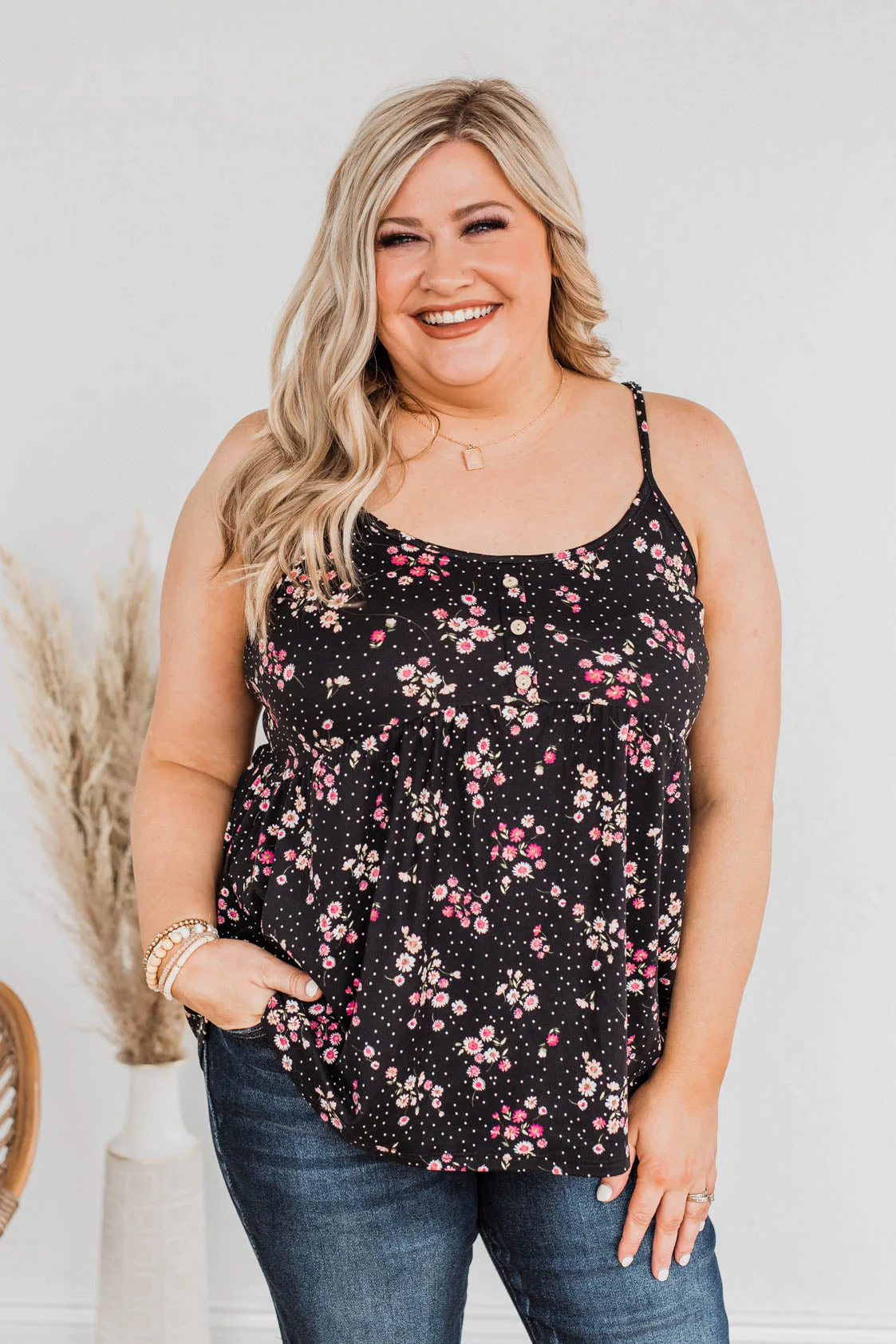Endless Fields Button Tank Top- Black & Pink - Image 3
