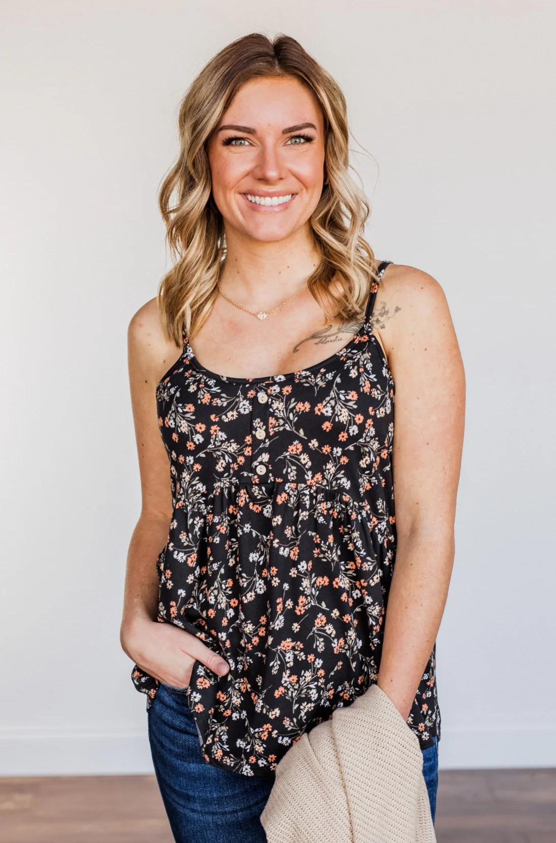 Endless Fields Button Tank Top- Black & Sage - Image 2