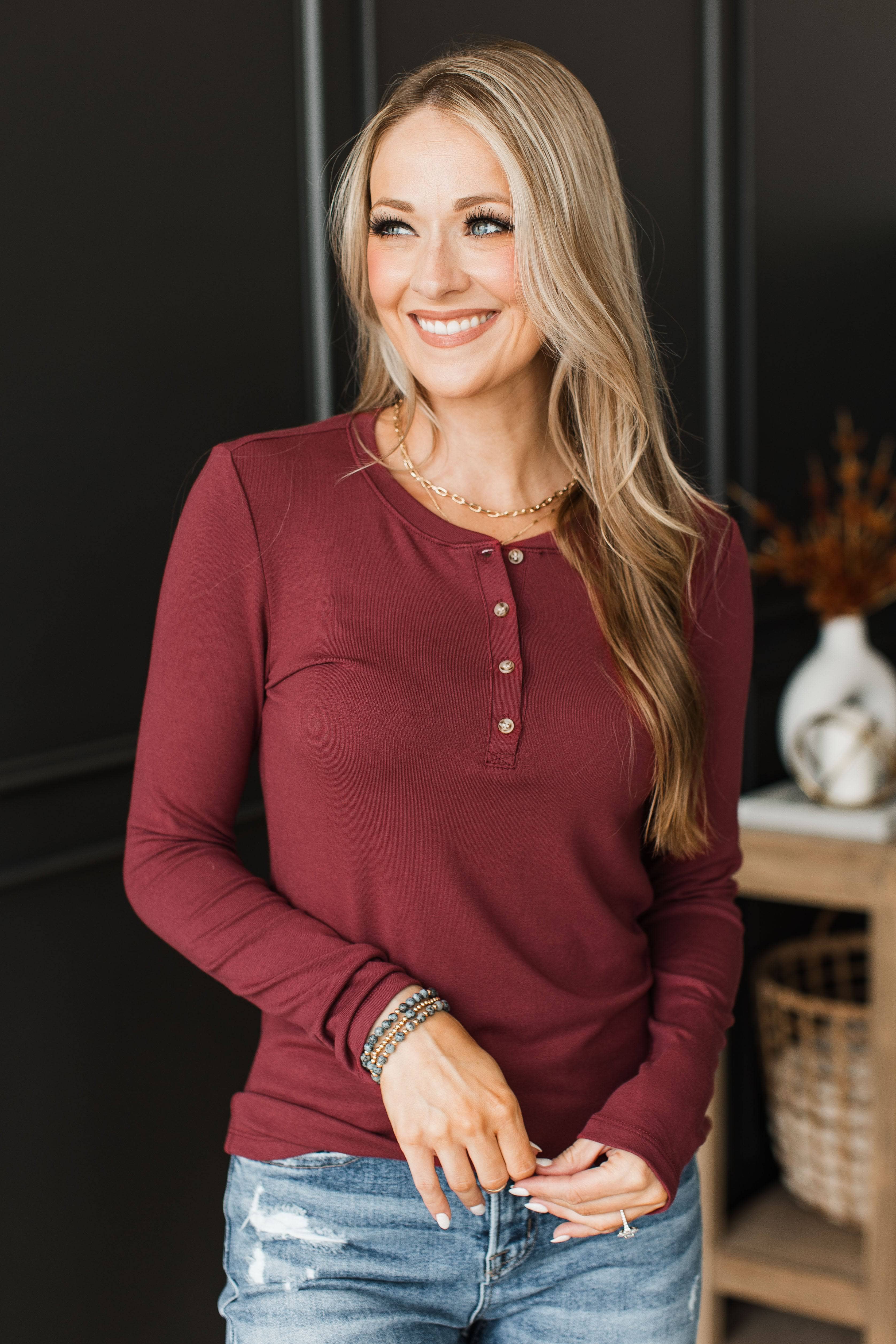 Endless Happiness Long Sleeve Henley Top- Burgundy - Image 2