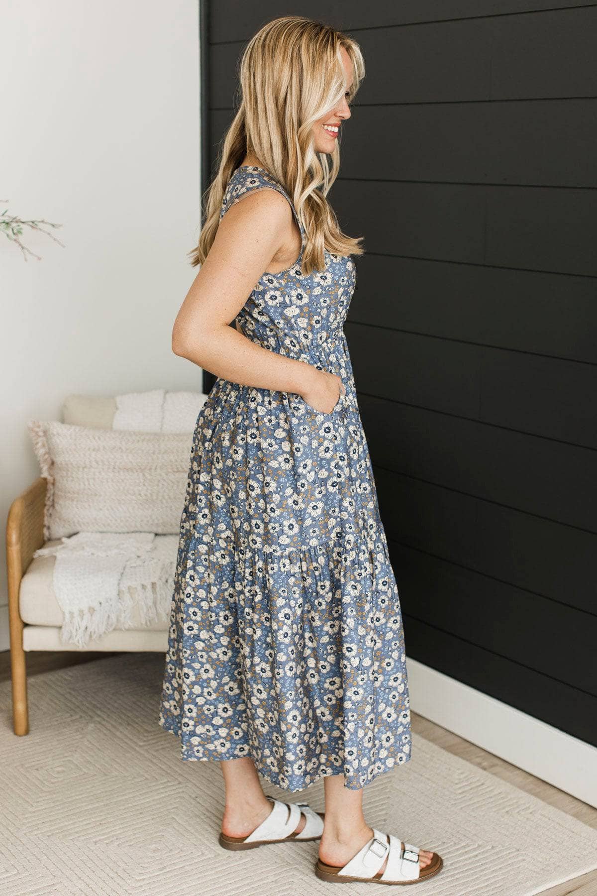 Endless Joy Floral Midi Dress- Denim Blue - Image 5