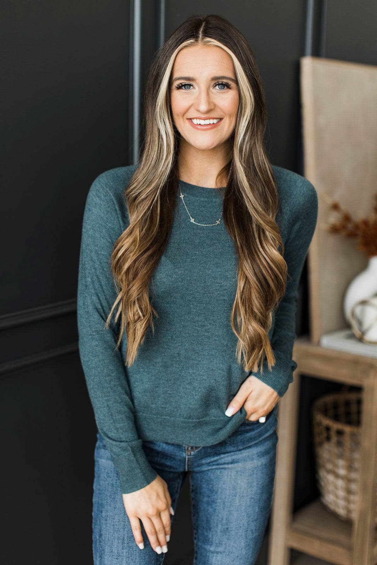 Endless Laughter Long Sleeve Knit Top- Teal - Image 3
