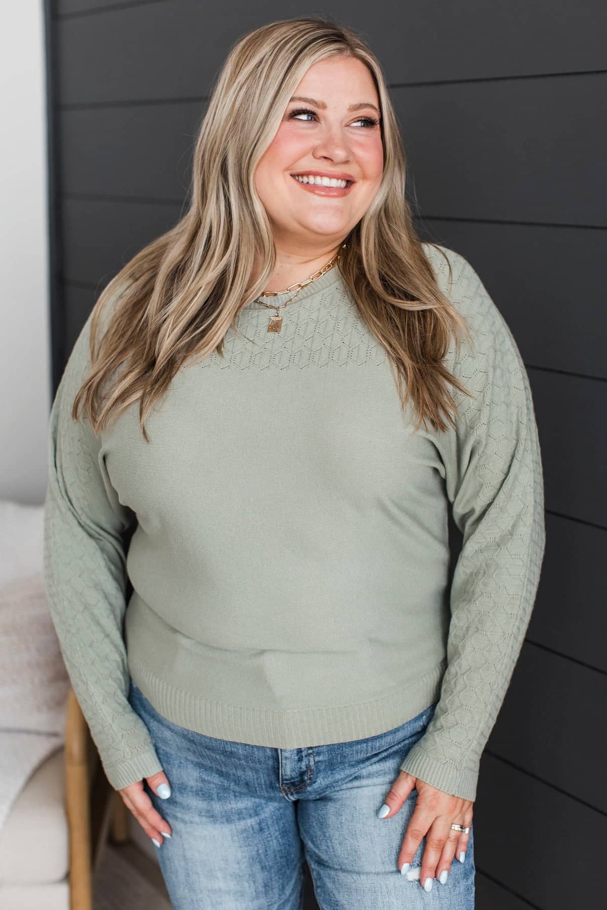 Endless Peace Pointelle Knit Dolman Sweater- Dusty Sage - Image 3