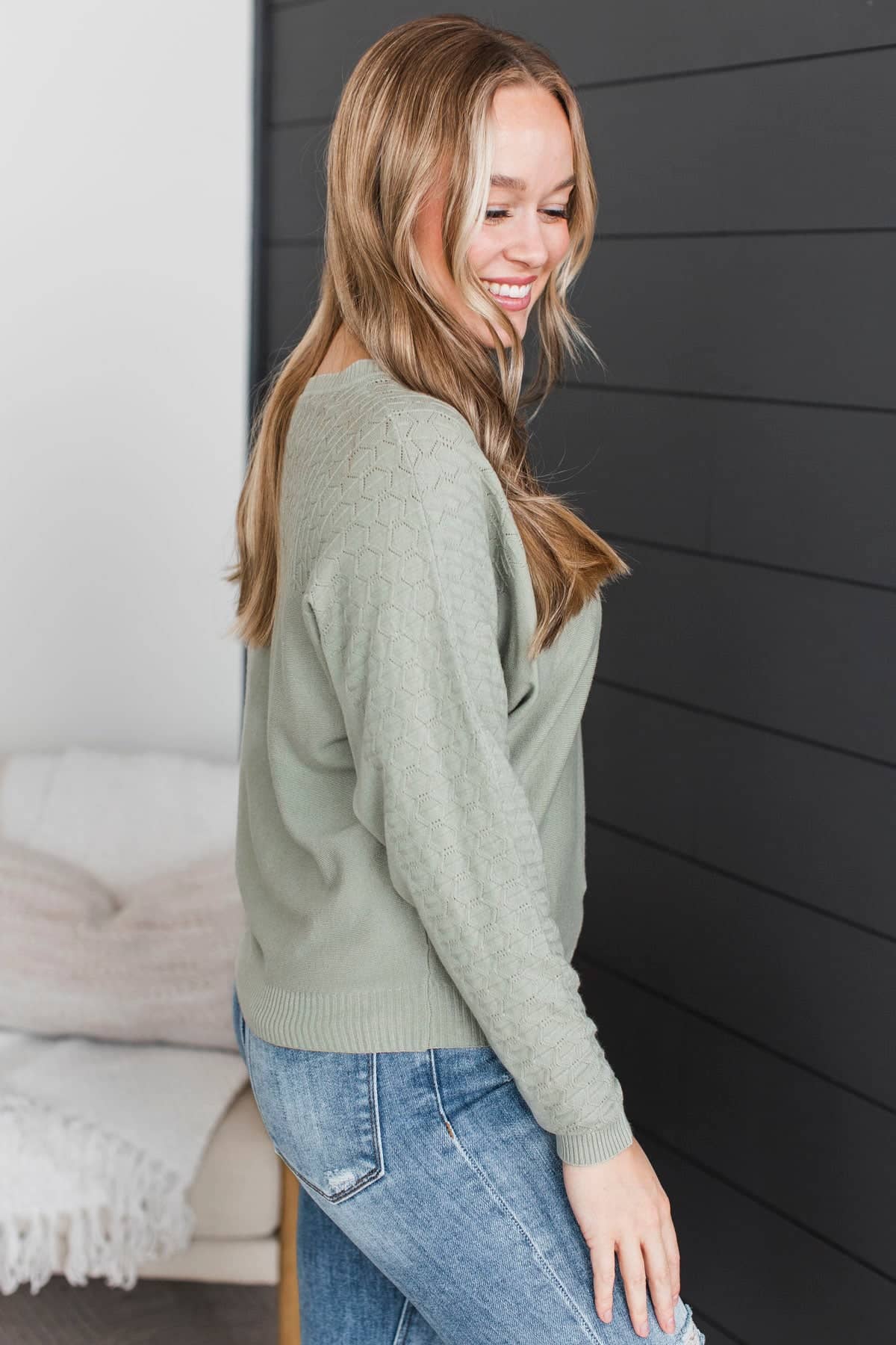 Endless Peace Pointelle Knit Dolman Sweater- Dusty Sage - Image 6