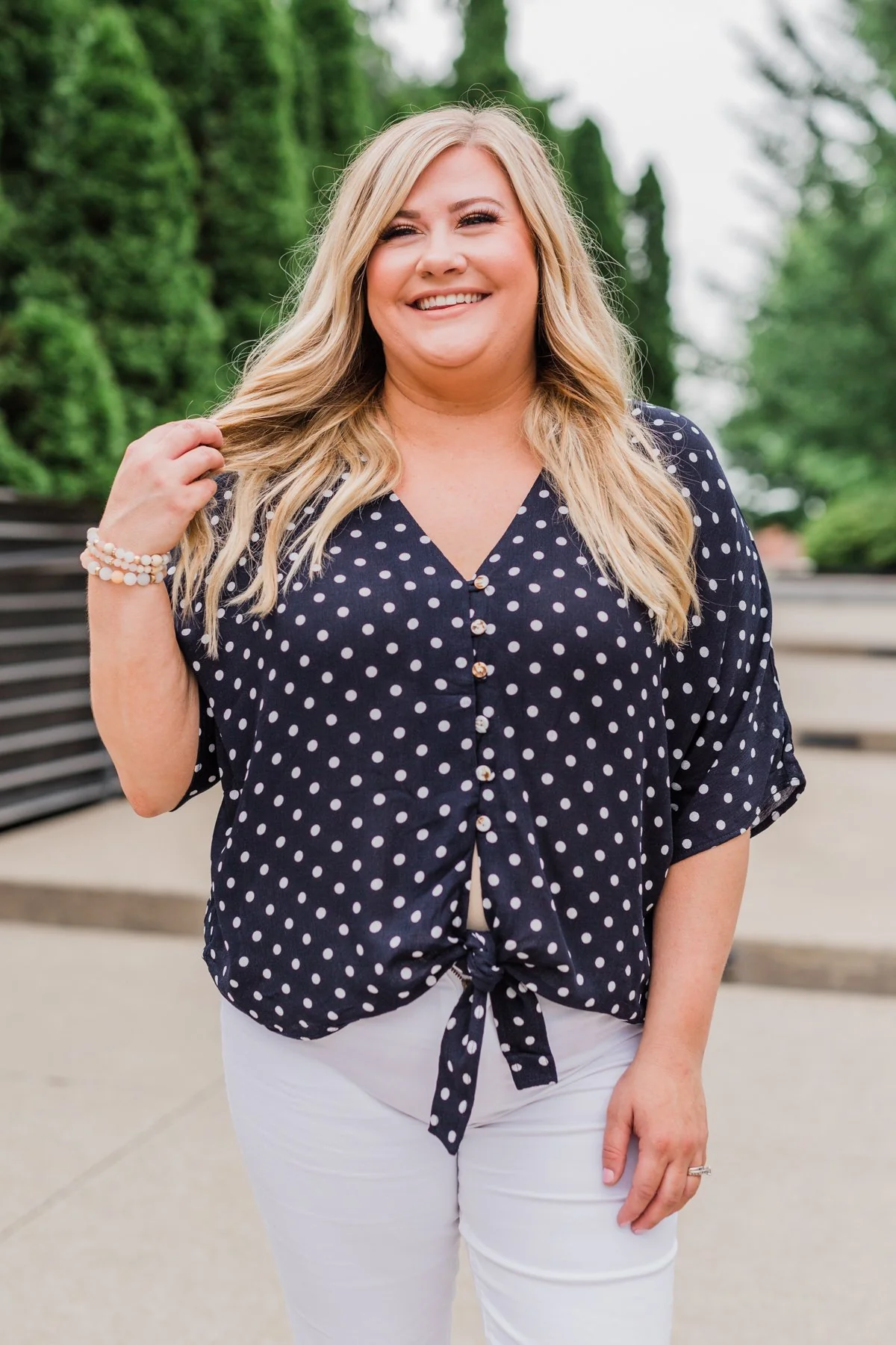 Endless Smiles Front Tie Polka Dot Top- Navy - Image 8