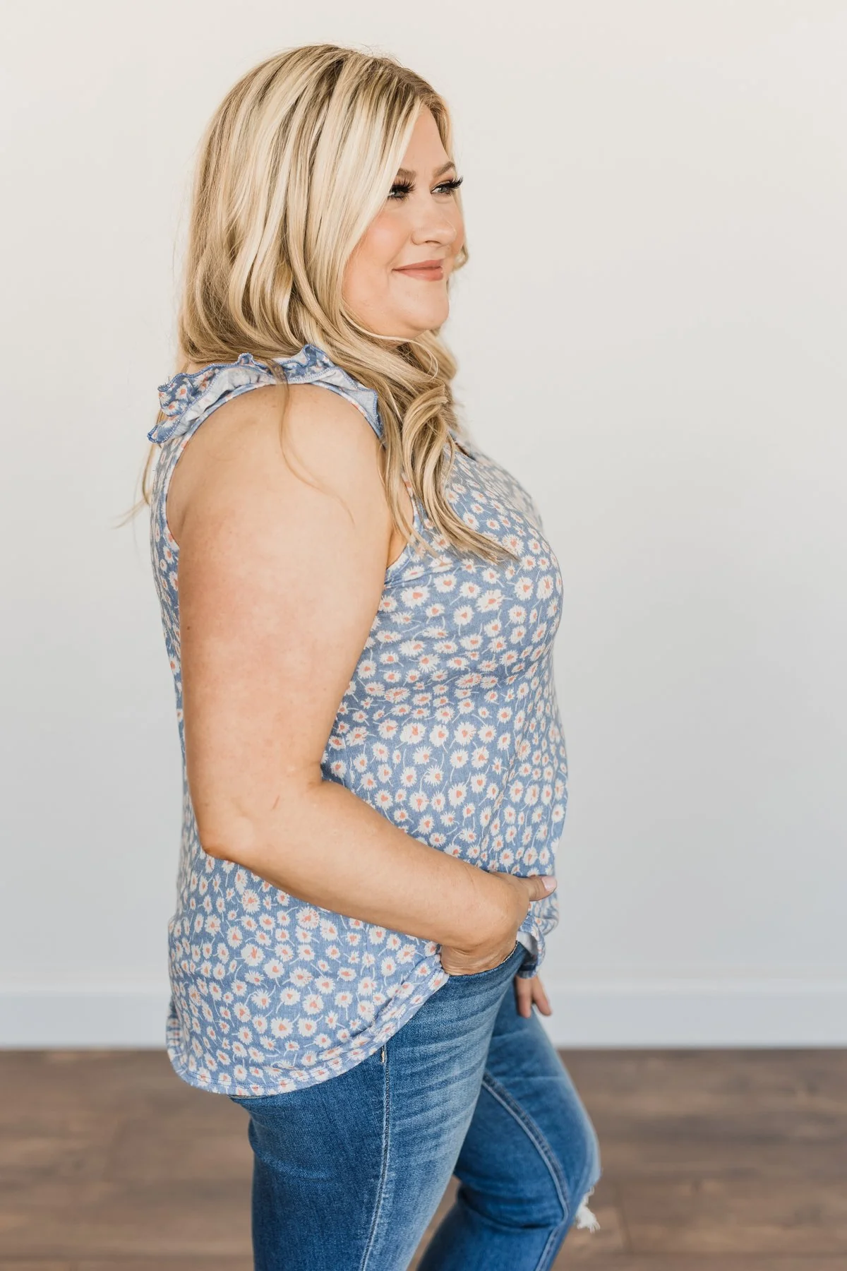 Endless Summer Ruffle Floral Tank Top- Denim Blue - Image 10