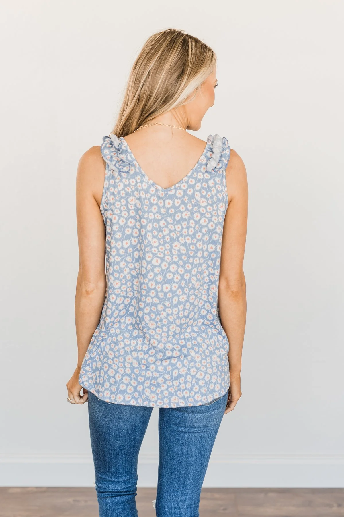 Endless Summer Ruffle Floral Tank Top- Denim Blue - Image 11