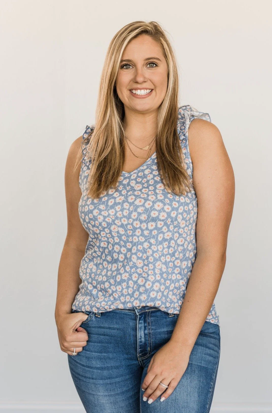 Endless Summer Ruffle Floral Tank Top- Denim Blue - Image 2