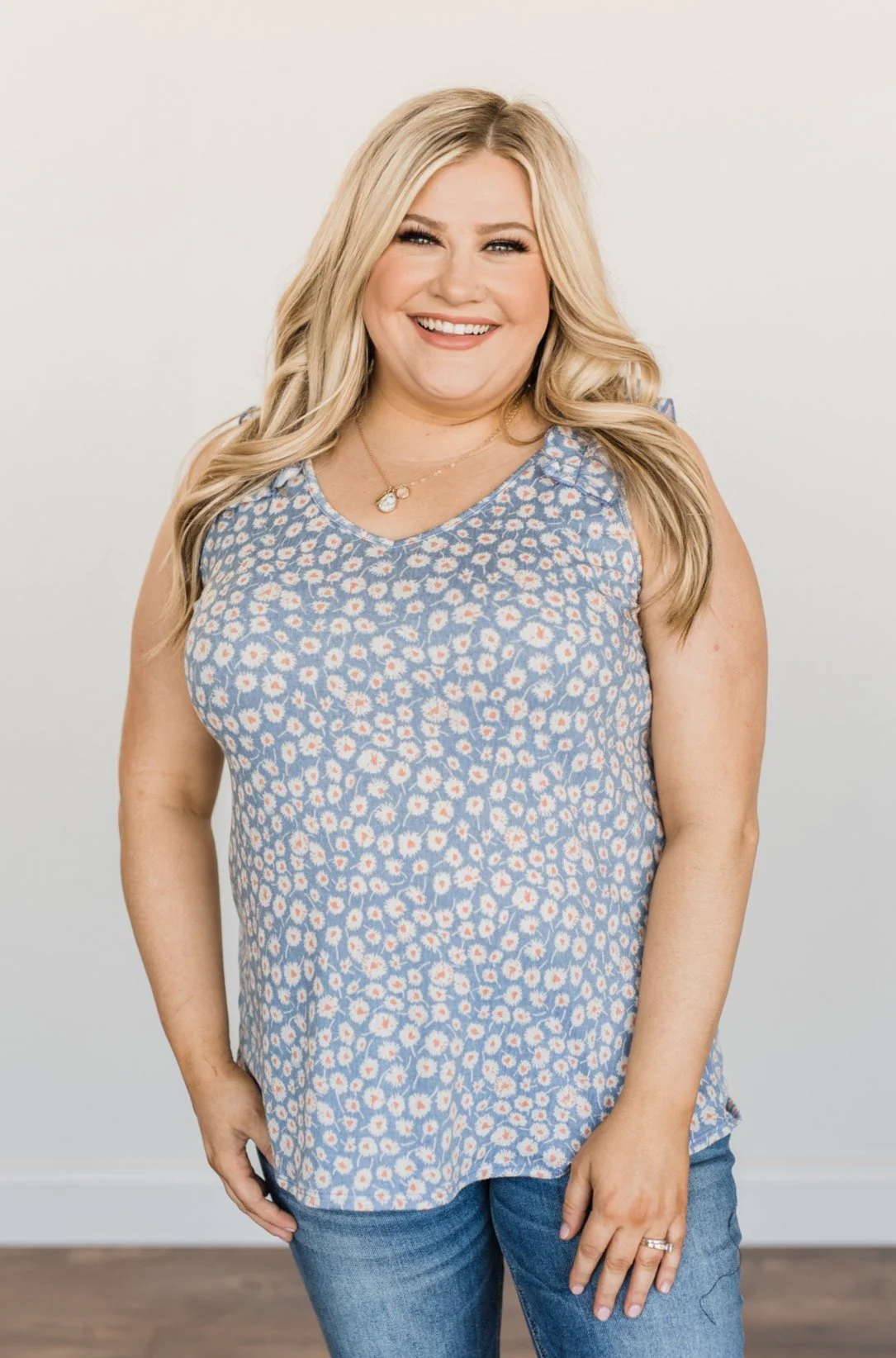 Endless Summer Ruffle Floral Tank Top- Denim Blue - Image 3