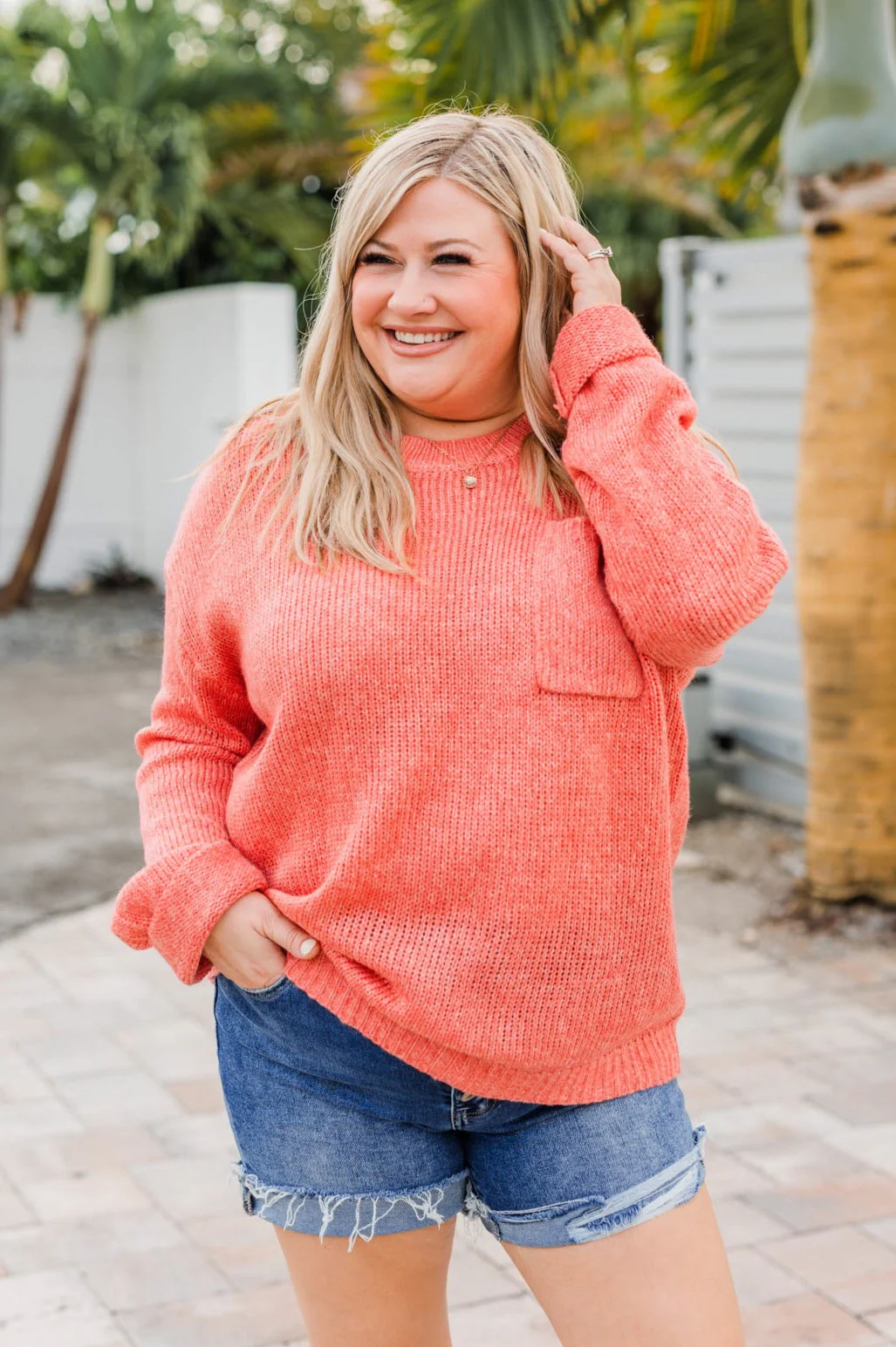 Endlessly Cozy Knit Pocket Sweater- Coral - Image 2