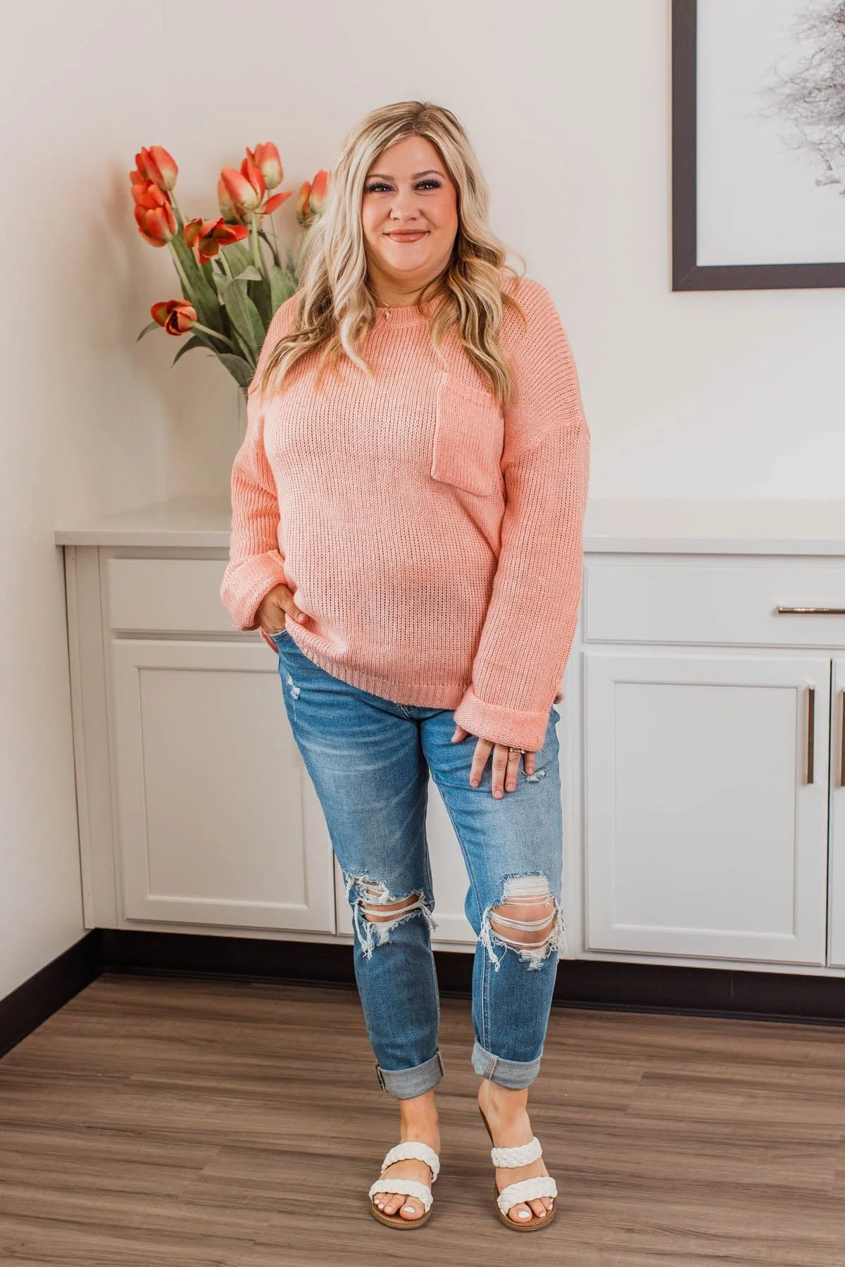 Endlessly Cozy Knit Pocket Sweater- Light Pink - Image 4