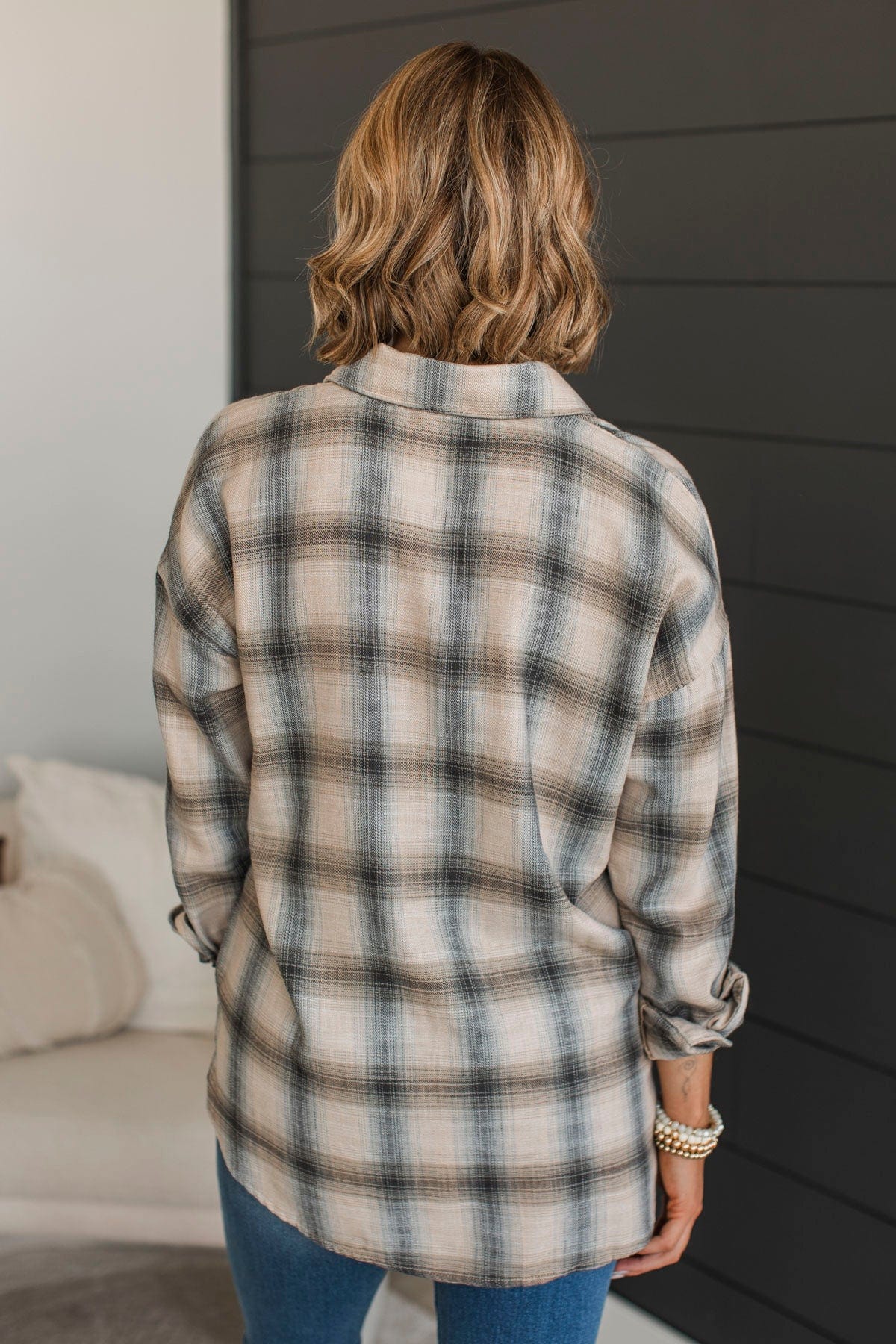 Enjoy The Days Plaid Button Top- Beige - Image 8