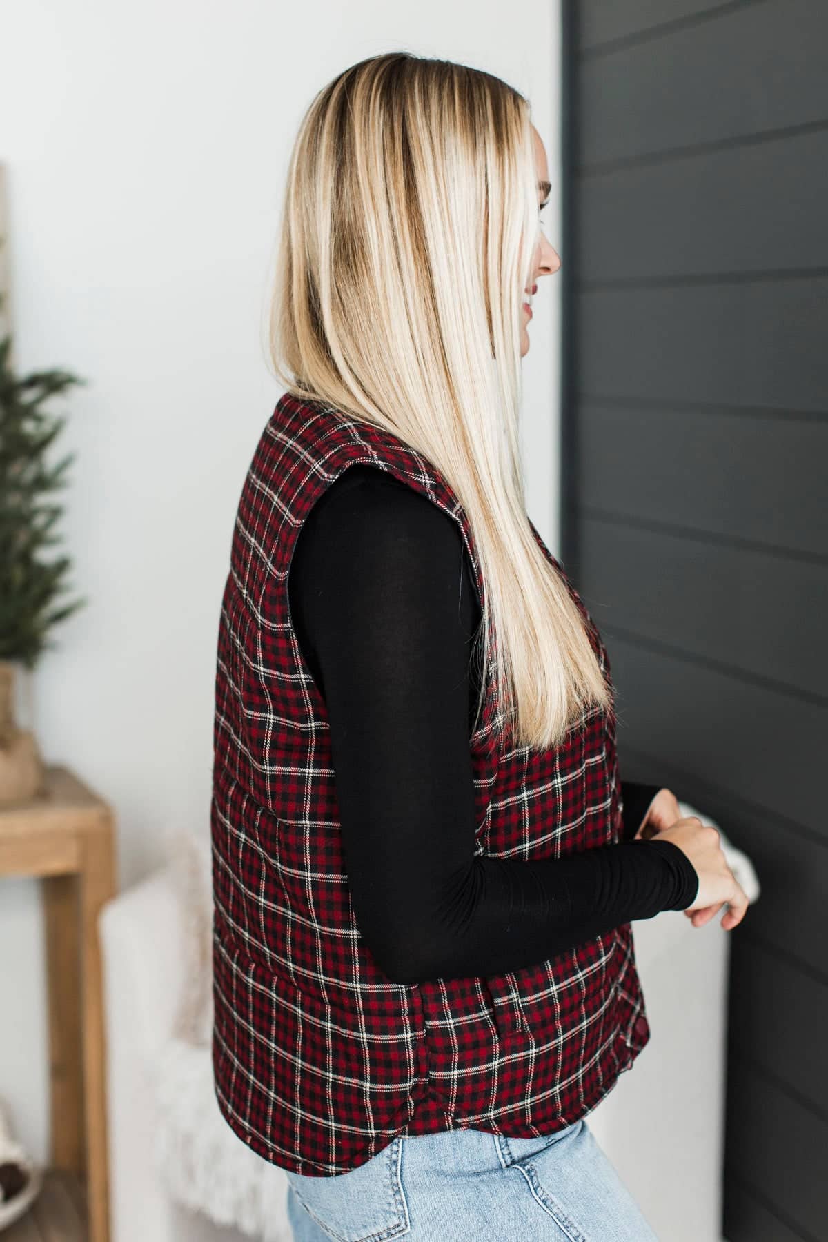 Enjoy The Views Plaid Puffer Vest- Red & Black - Image 5