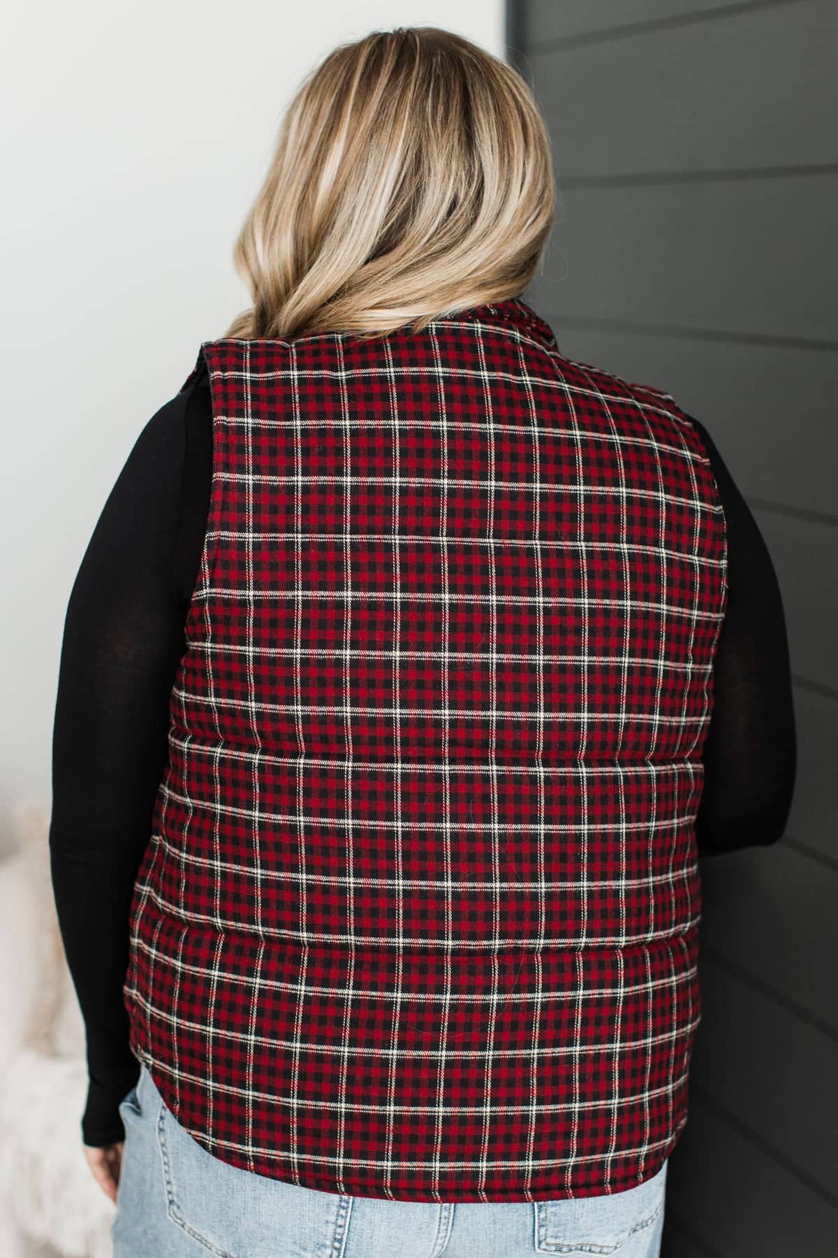 Enjoy The Views Plaid Puffer Vest- Red & Black - Image 8
