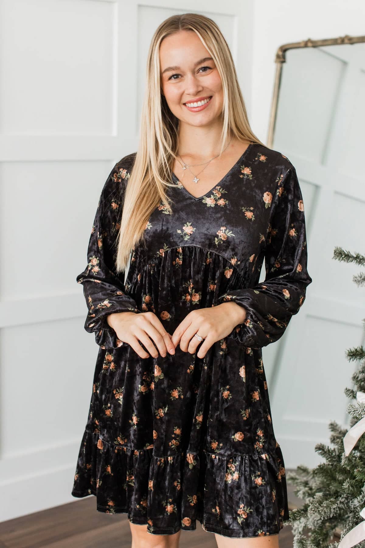 Enjoyable Evenings Floral Velvet Babydoll Dress- Black - Image 2