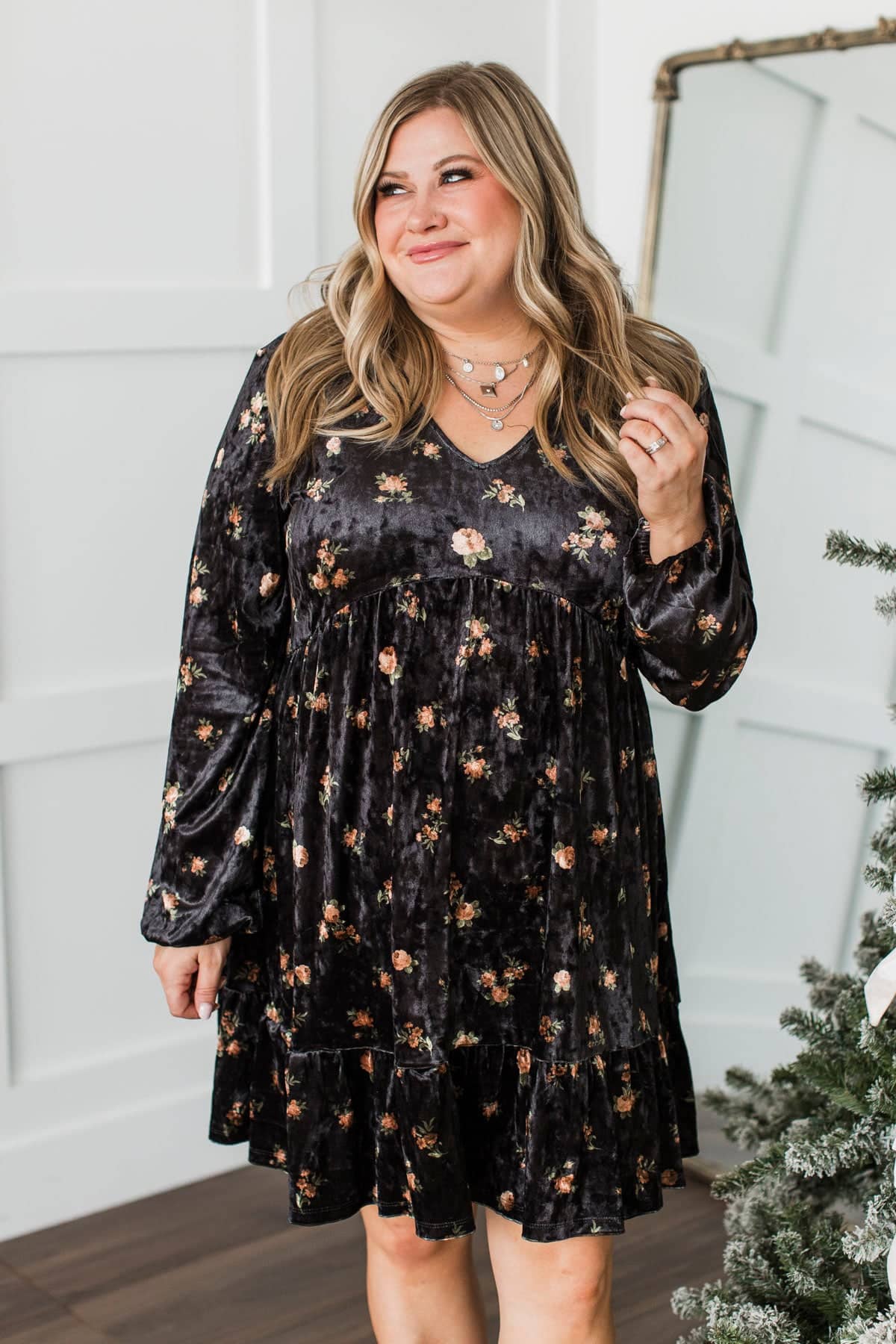 Enjoyable Evenings Floral Velvet Babydoll Dress- Black - Image 3