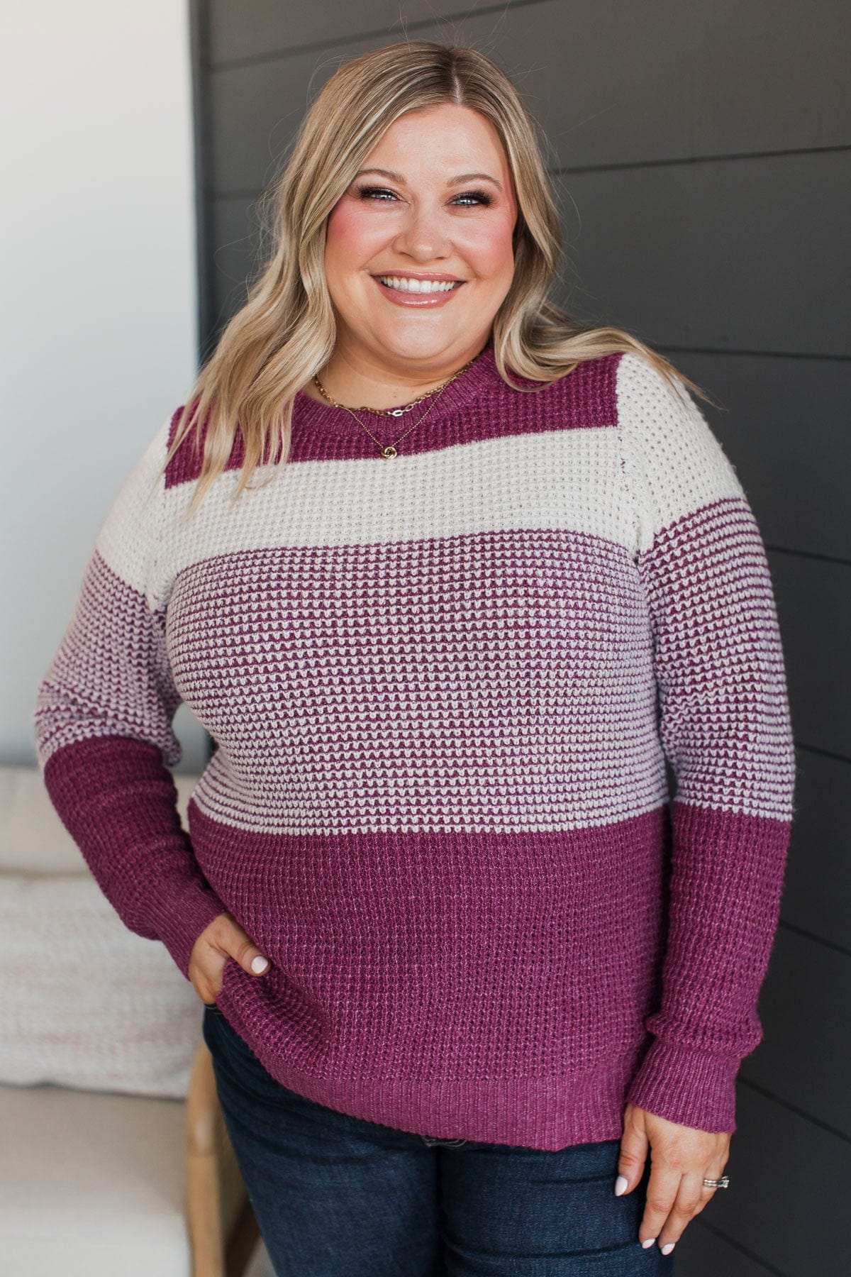 Enjoying Life Knit Sweater- Ivory & Plum - Image 4