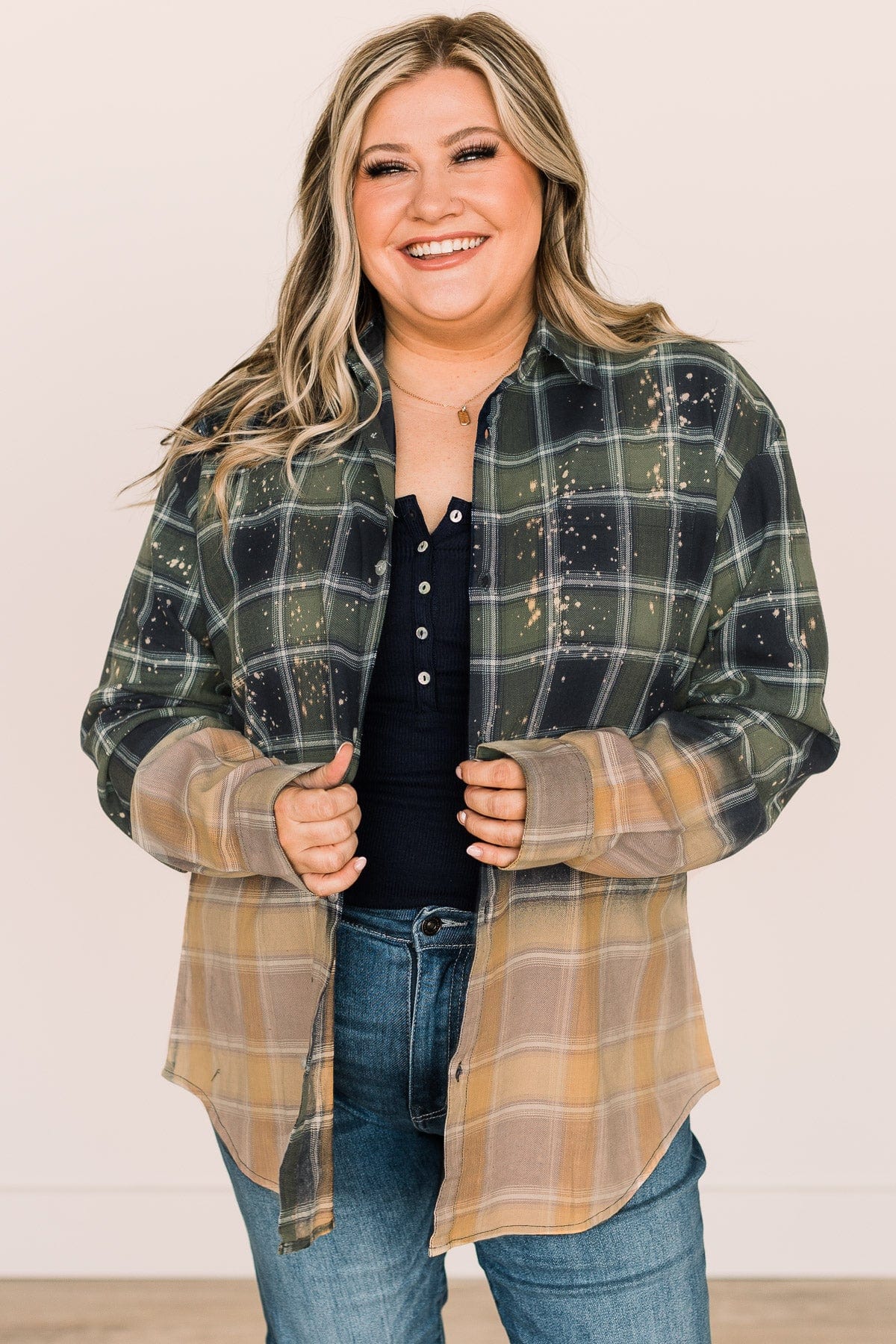 Enjoying This Moment Bleached Plaid Top- Green & Navy