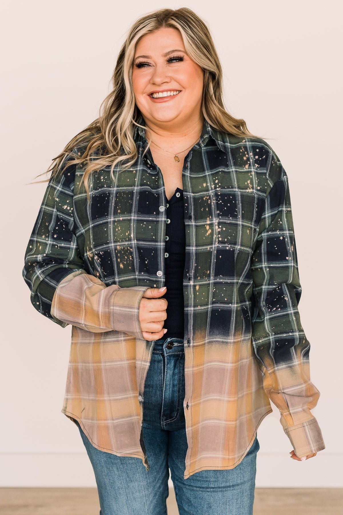 Enjoying This Moment Bleached Plaid Top- Green & Navy - Image 3