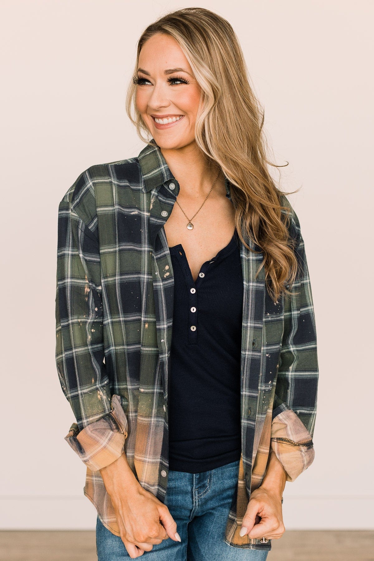 Enjoying This Moment Bleached Plaid Top- Green & Navy - Image 4