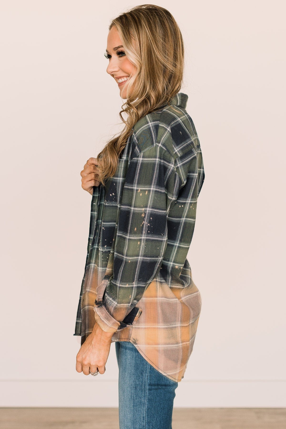 Enjoying This Moment Bleached Plaid Top- Green & Navy - Image 6