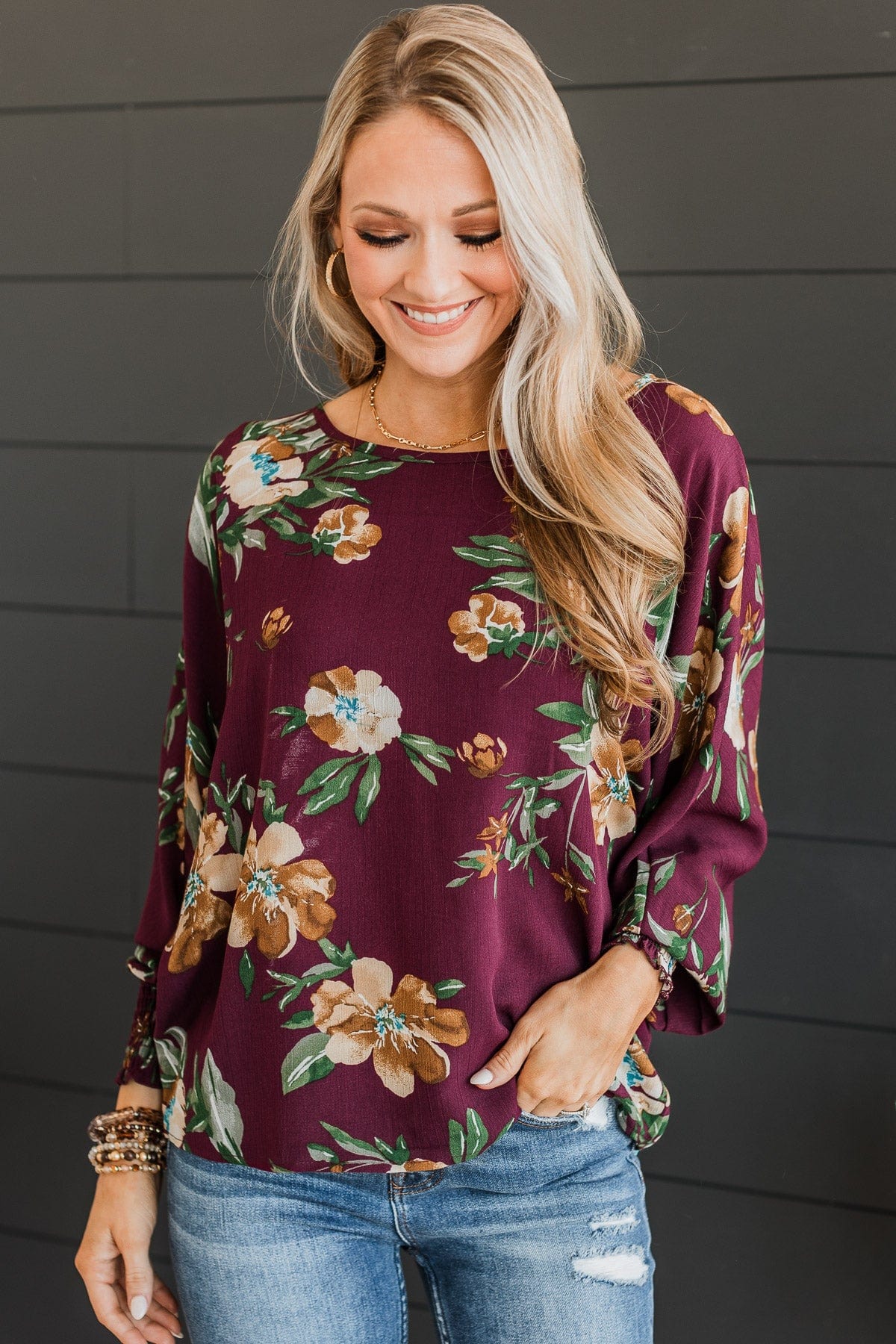 Enlighten Me Floral Blouse- Burgundy - Image 2