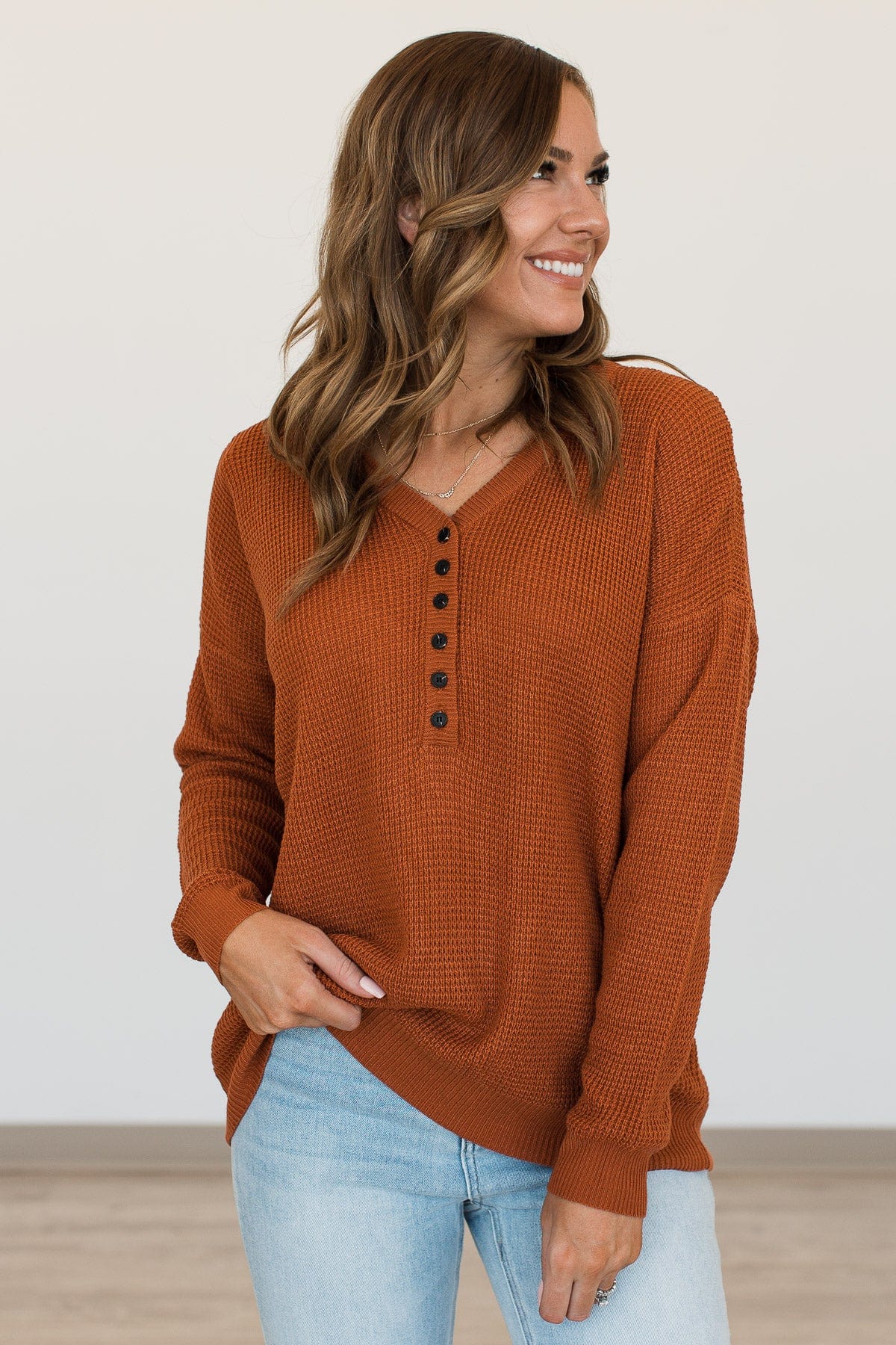Enticing Looks Button Sweater- Rust - Image 4