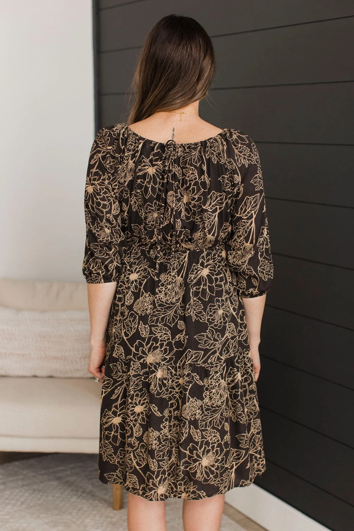 Enviable Fashion Floral Dress- Charcoal & Beige - Image 7