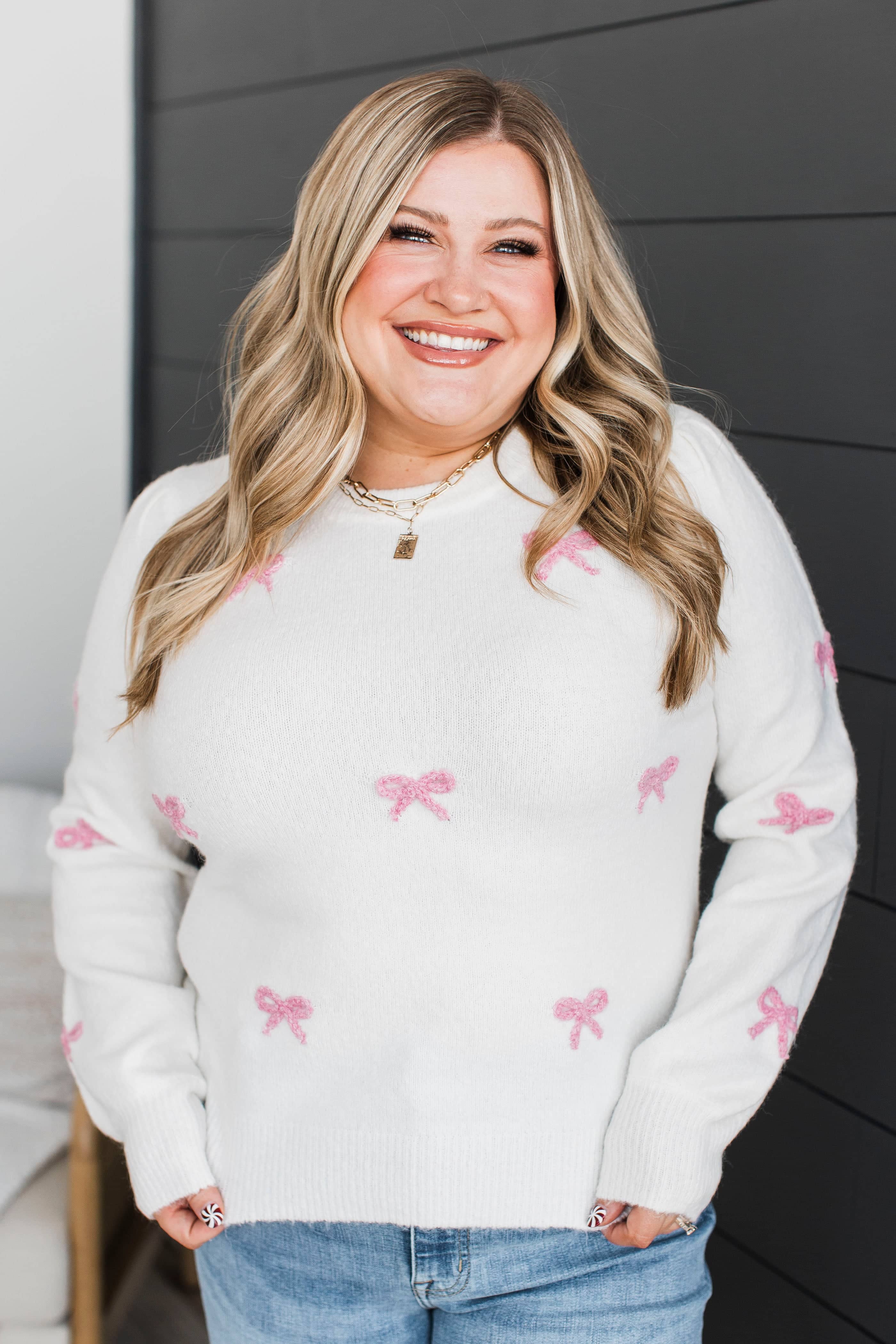 Envied By All Knit Bow Sweater- Ivory & Pink - Image 2
