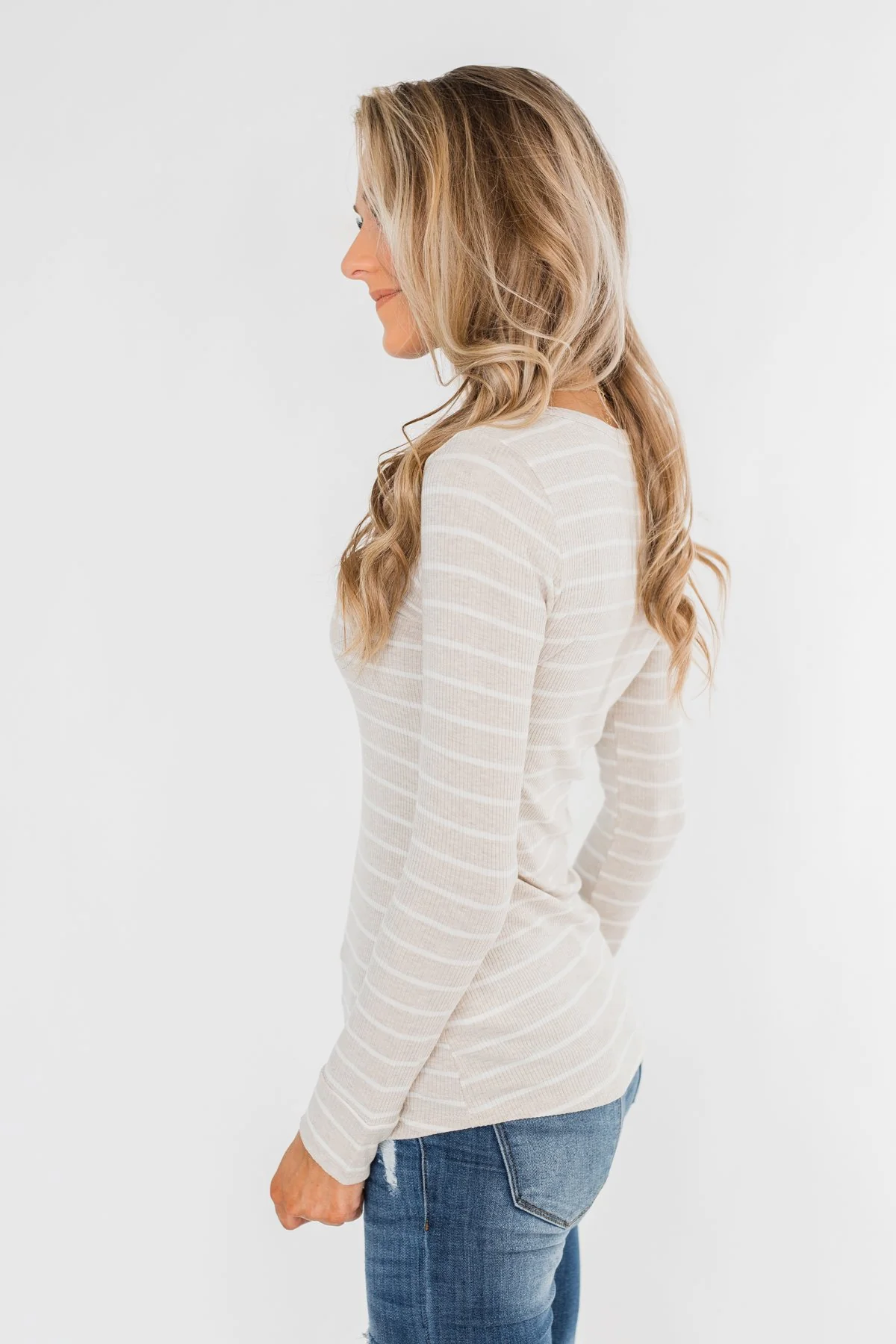 Essential 5-Button Henley Top- Heathered Oatmeal & Ivory - Image 8