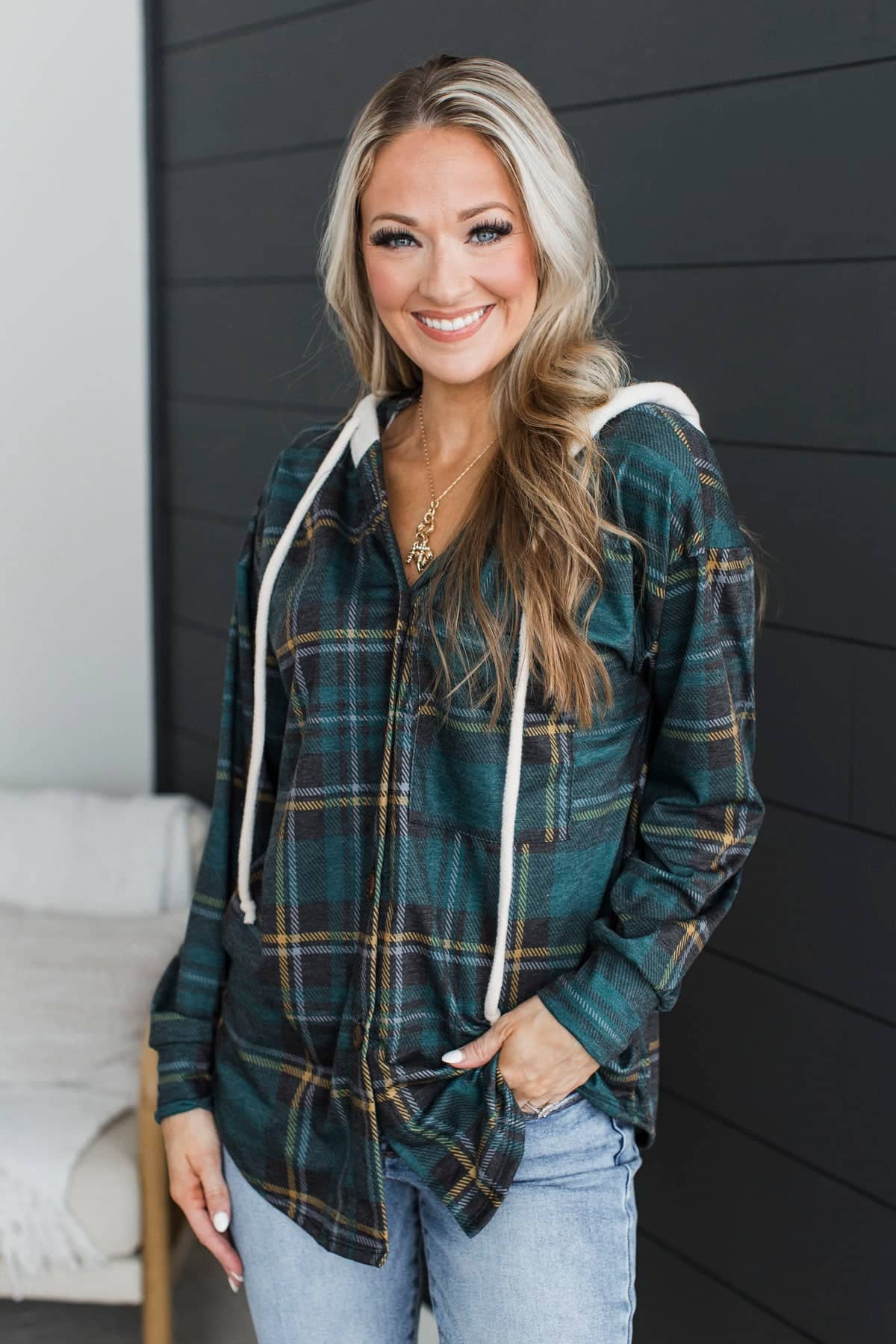 Essential Love Lightweight Hooded Shirt Jacket- Hunter Green