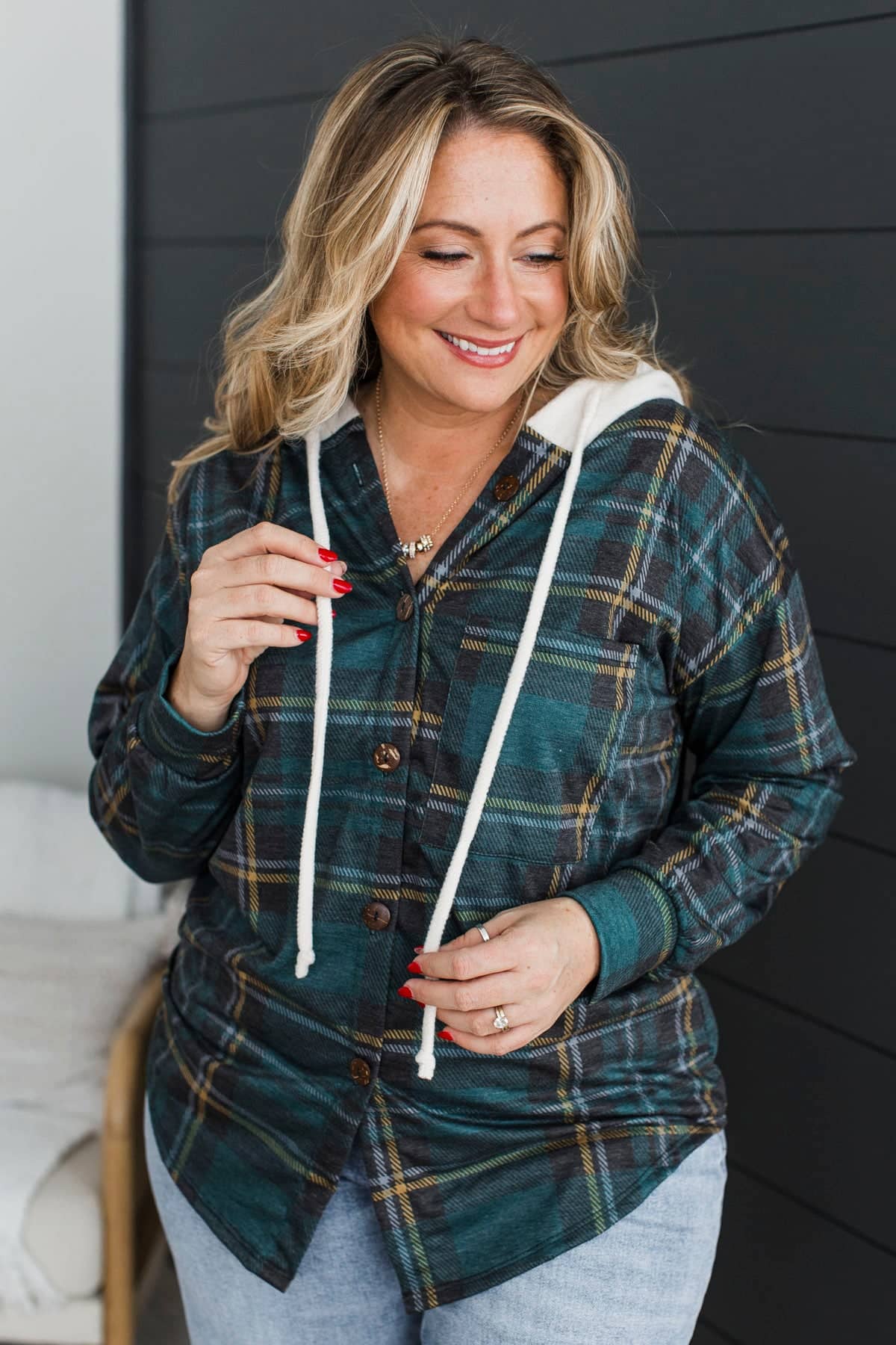 Essential Love Lightweight Hooded Shirt Jacket- Hunter Green - Image 2