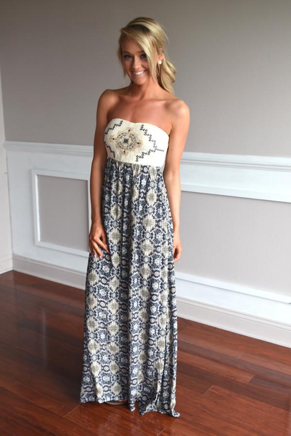 Ethnic Print Strapless Maxi Dress ~ Navy - Image 5